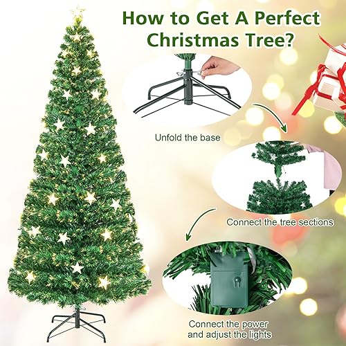 Miniatura 7 de GOFLAME Árbol de Navidad preiluminado de 4 pies, árbol de Navidad de fibra óptica artificial con luces blancas cálidas, 8 modos de luz, 15 luces de