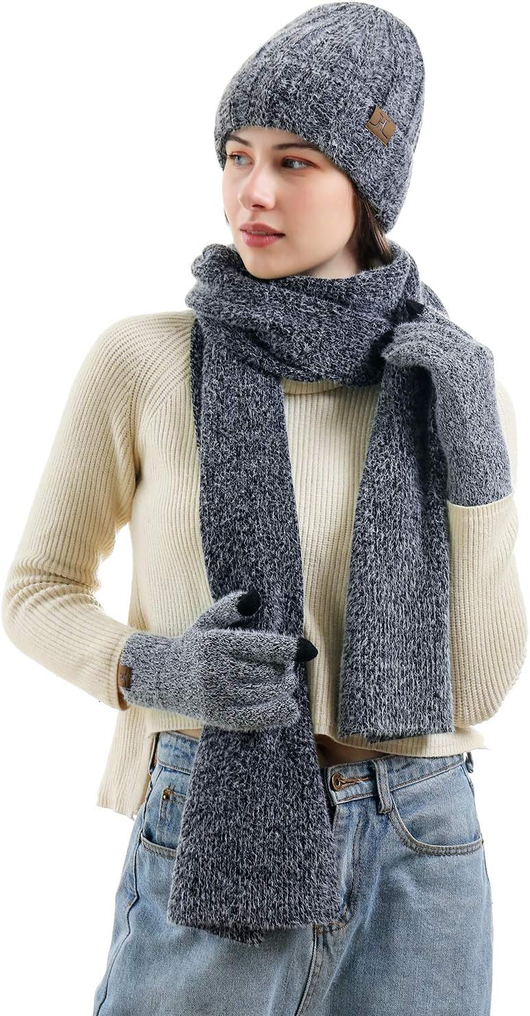 Womens Winter Warm Knit Beanie Hat Touchscreen Gloves Long Neck Scarf Set with Fleece Lined Skull Caps Gifts for Women - Image 6