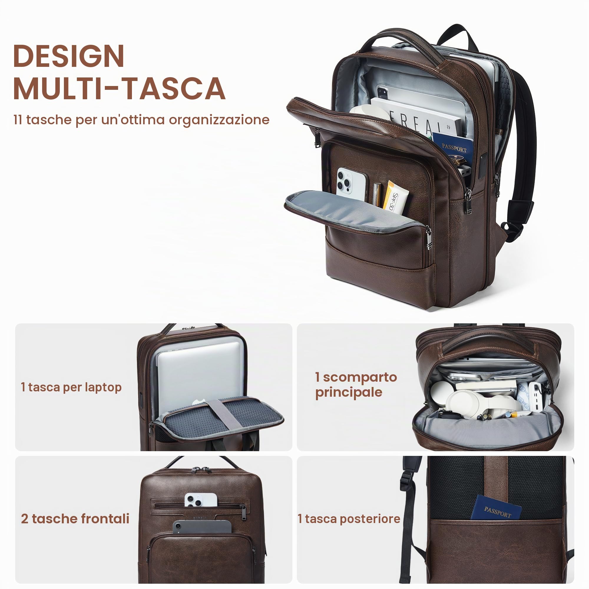 Shrrie cuoio laptop zaino per donne e uomini, 16 pollici impermeabile computer zaino, con connessione di ricarica USB，28 L estensibile lavoro Business Weekender College,Caffè