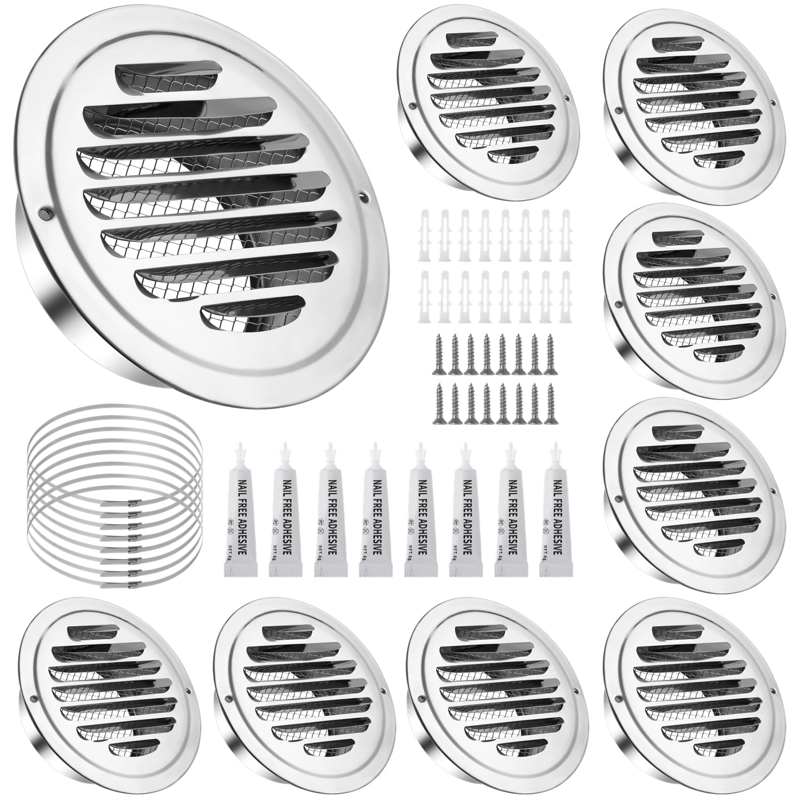 8 Pcs Stainless Steel Air Soffit Vents, 4" Round Air Vent Mesh Cover, Reptile Screen Grille Cover, Flat Ducting Air Ventilation Outlet Hoods, Wall Air Soffit Vents for Home, Office