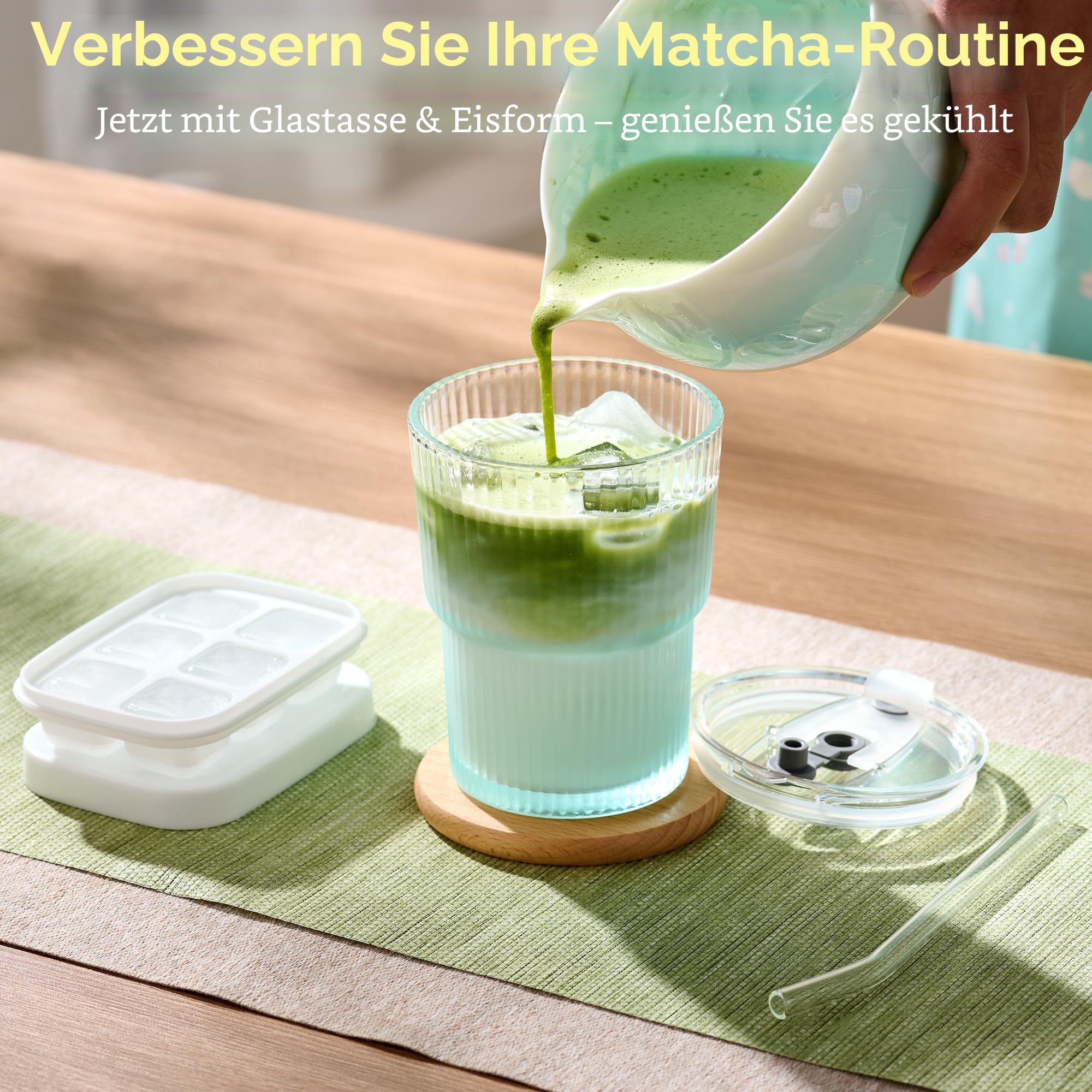ComboJoy Matcha Set Blau - 9-teiliges Crystal Flower Matcha Schale, Bambusbesen & Halter, Matcha gläser, Eiswürfel form, Löffel & Sieb mit Halter, Teetuch - Geschenke für Frauen