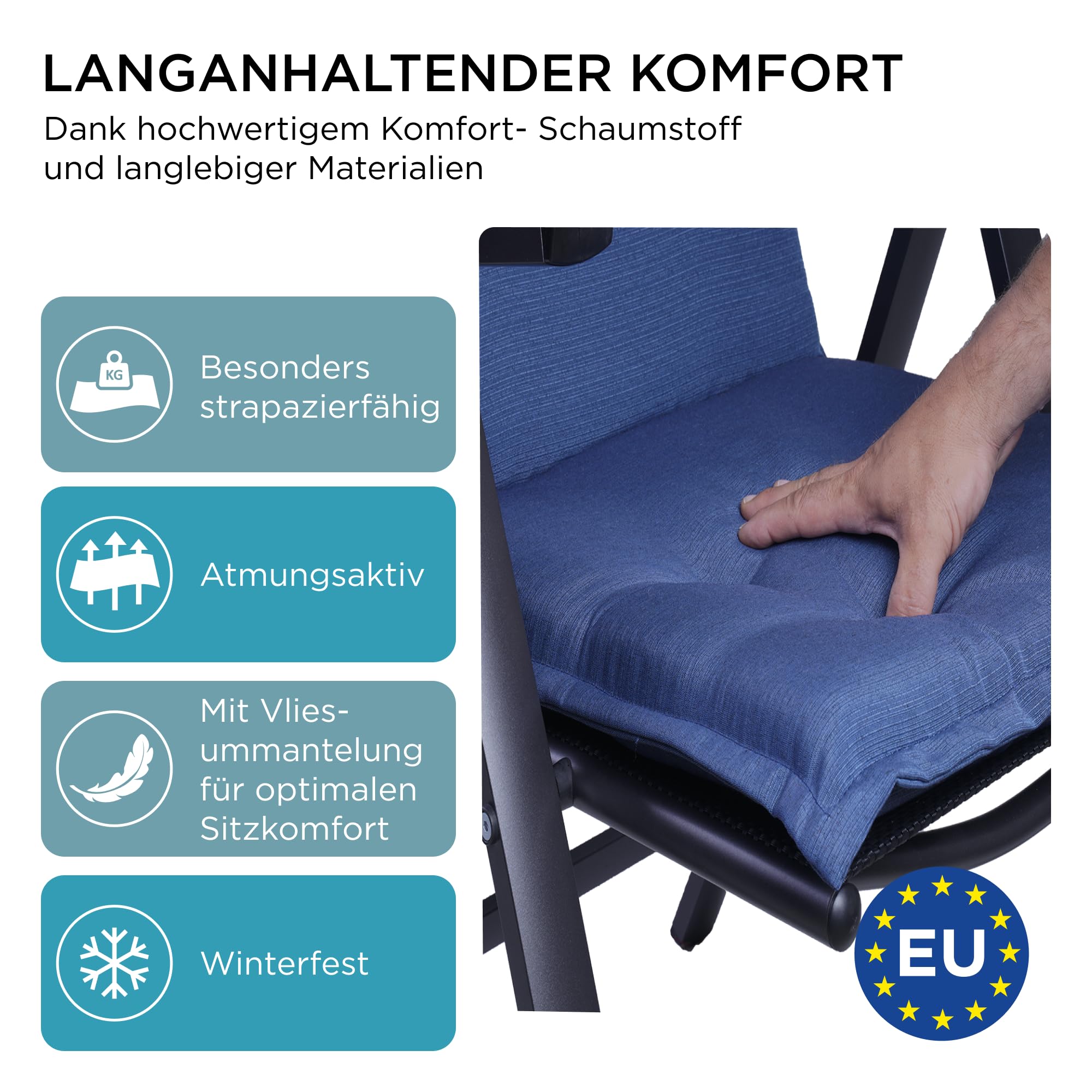 Gartenstuhlauflagen Hochlehner mit Kopfteil, 2er Set, Blau | Extra Dicke Sitzauflagen, Made in Europe, Polsterauflagen für Hochlehner, Auflagen mit extra hohem Komfort