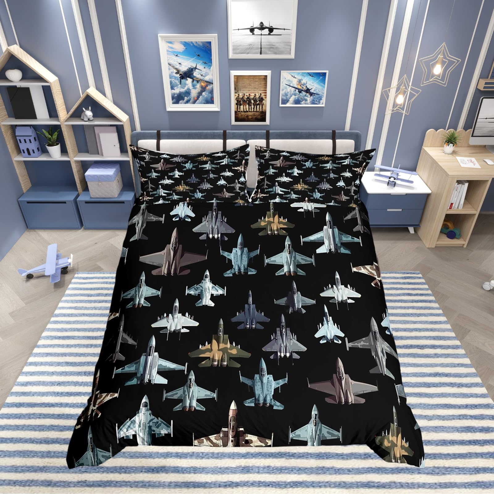 Parure de lit avion de chasse et couette militaire noir pour lit simple 1 personne