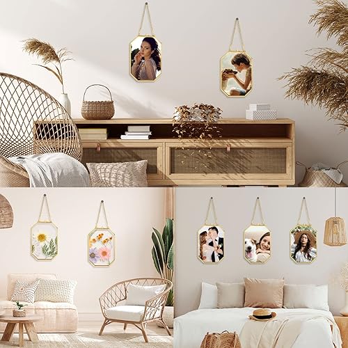 Miniatura 7 de Marco flotante de vidrio dorado colgante de 4 x 6 pulgadas, marco de vidrio de herbario de latón octágono, marcos de flores prensadas dobles