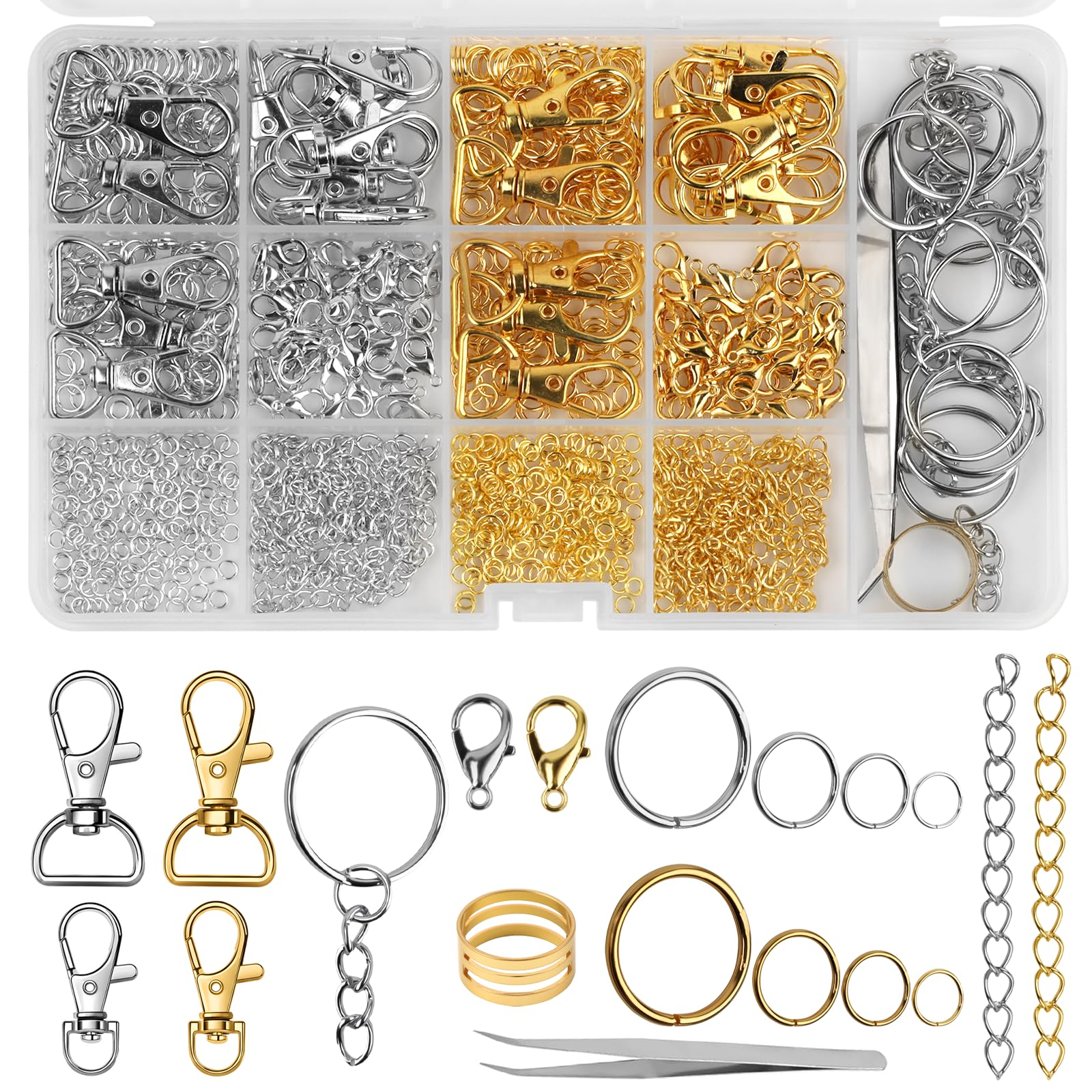 930PCS Keyring Making Kit,Includes Metal Keyring Clip,Keychains and Lobster Clasps,Jump Rings,Tweezer,Key Ring Hoop for Jewellery Making, Keys,DIY Crafts(Silver and Gold)