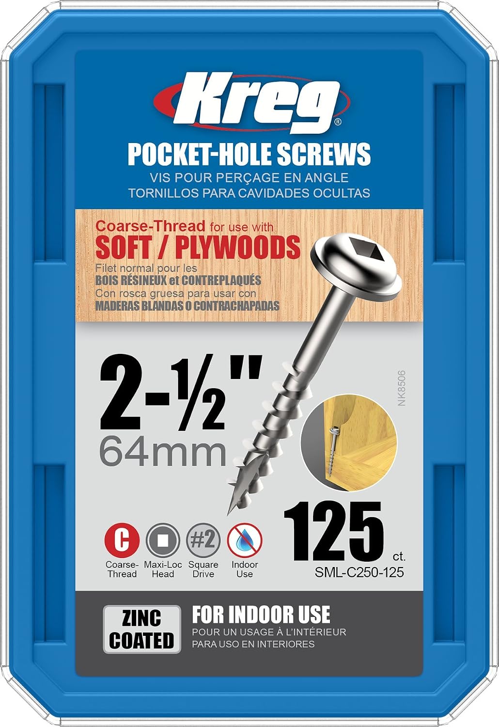 Kreg SML-C250-125 Zinc Pocket Screws, 2 1/2 Inch, 8 Coarse Thread, Maxi-Loc Head (125 Count), Onе Paсk - Image 3