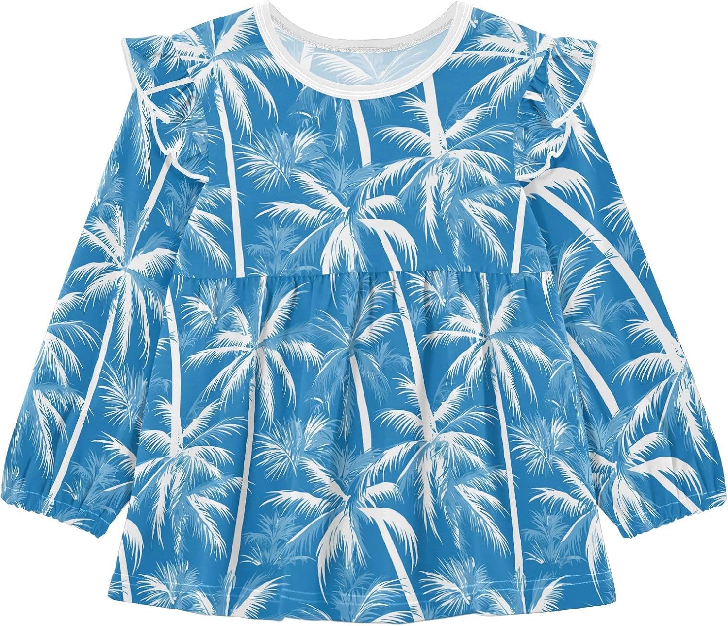 visesunny Toddler Clothes for Girls Palm Blue Silhouette Long Sleeve Fall Shirts Cotton Top with Ruffle Collar