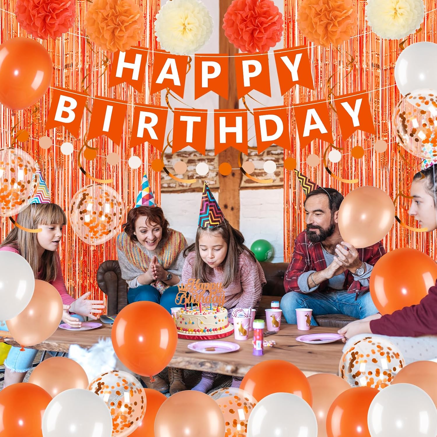 Orange Birthday Decorations Orange White Happy Birthday Banner Balloons Hanging Swirls Fringe Curtain Backdrop for Fall Autumn Harvest Thanksgiving Halloween Party Supplies