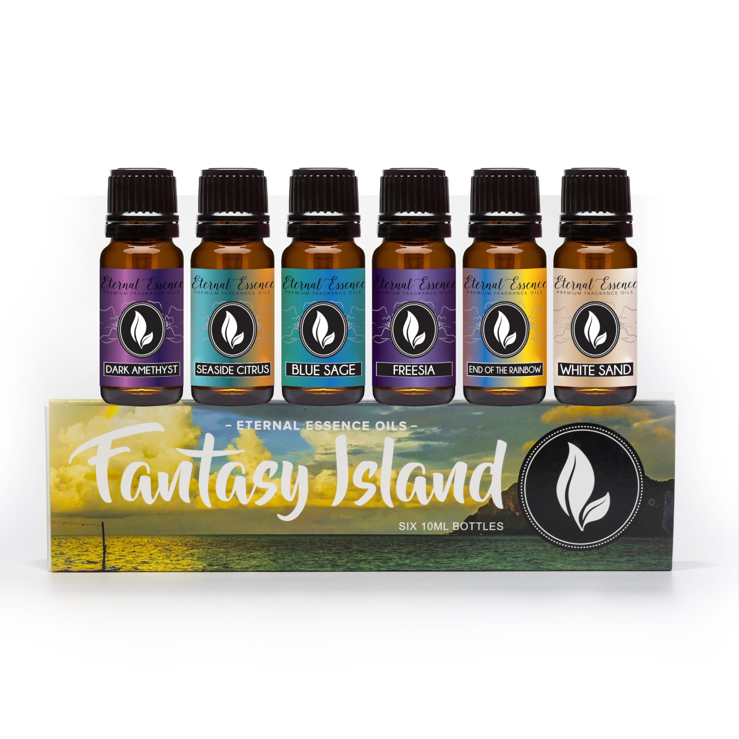 Eternal Essence Oils Fantasy Island - Gift Set of 6 Premium Fragrance - Freesia, Dark Amethyst, Blue Sage, End of The Rainbow, White Sand, Seaside Citrus -