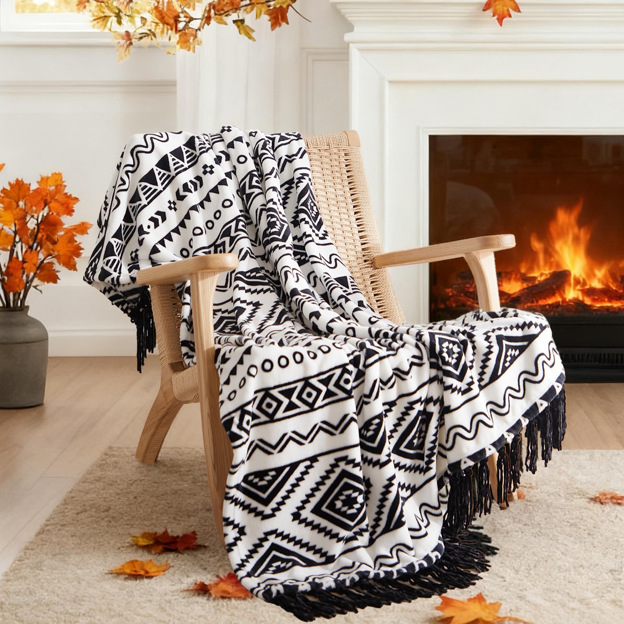 CASAAGUSTO Boho Throw Blanket - Black and White Decorative Blankets with Tassel, Printed Flannel Bohemian Blanket for Chair, Bed, Sofa, Couch(50 * 60, Black and White)
