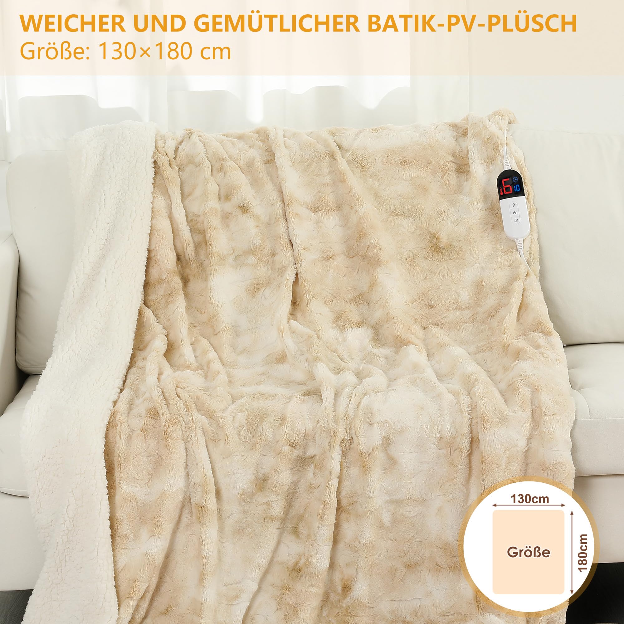 COZYTY Manta térmica con apagado automático, 130 x 180 cm, 6 niveles de calor y apagado automático de 10 horas, protección contra sobrecalentamiento, lavable a máquina, manta térmica de forro polar