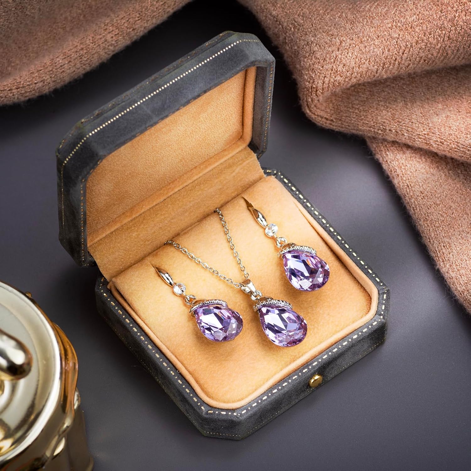 Crystal Jewelry Sets for Women, Teardrop Oval Pendant Necklace and Earring Rhinestone Dangling Sets Birthday Anniversary Wedding Mother’s Day Gifts for Women - Image 5