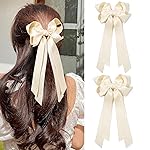 Aileam Hair Clip, 2PCS Hair Bows for Women Hair Clip Beige Silky Satin Ribbon Accessories with Metal Clips for Women Girls Toddlers Teens Kids