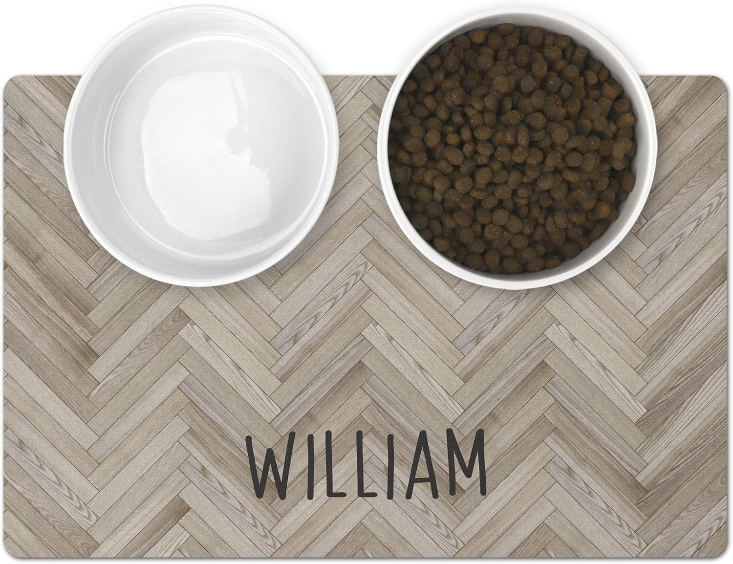 Personalized Pet Mat - Neoprene, Sturdy & Non-Skid Back - Cats & Dogs Feeding Mat - Petfood, Water & Dish Bowl Pad - Edge Corner Utility Placemat (14x24, Whitewash Herringbone Wood)