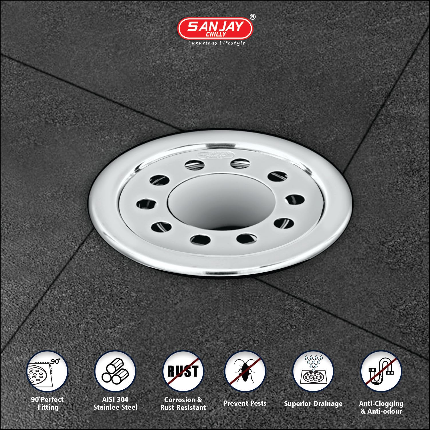 Sanjay Chilly Round Floor Drain with Pipe Hole 4 Inch Stainless Steel 304 Grade Kitchen Sink Cover Jali Luxurious Bathroom Gratings Water Drain Strainer Bathtub Laundry (Round Gypsy Silver 4 Inch) 2