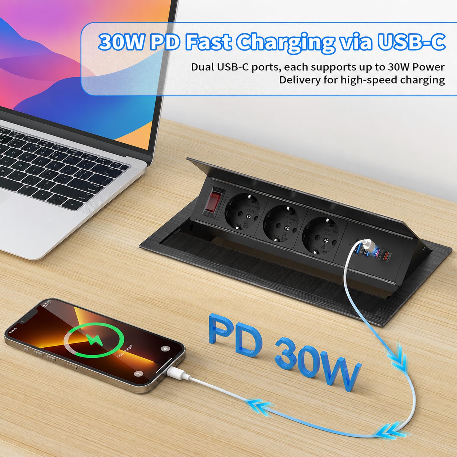 Versenkbare Steckdose mit USB-C PD 30W, 3-Fach, Aluminium, Schwarz | 4 USB-Ports, 2x USB-A QC 18W, Verstellbarer Winkel, Kabelführung, 1,8 m Kabel, Schreibtisch & Küche