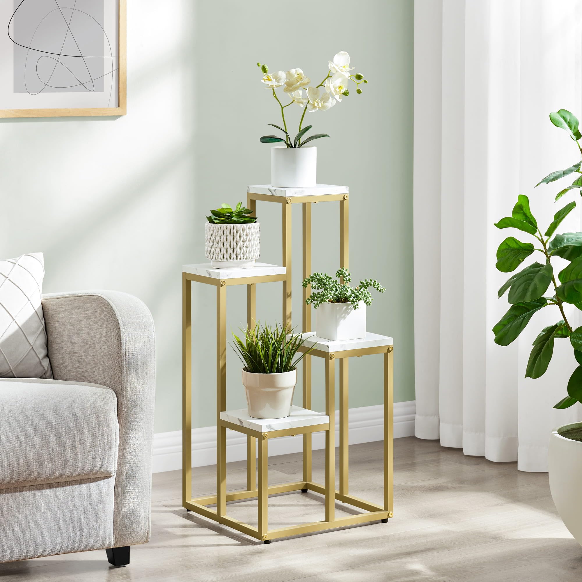 Supporto per fiori a 4 ripiani, robusto scaffale per piante in metallo, salvaspazio, per soggiorno, camera da letto (marmo - oro)