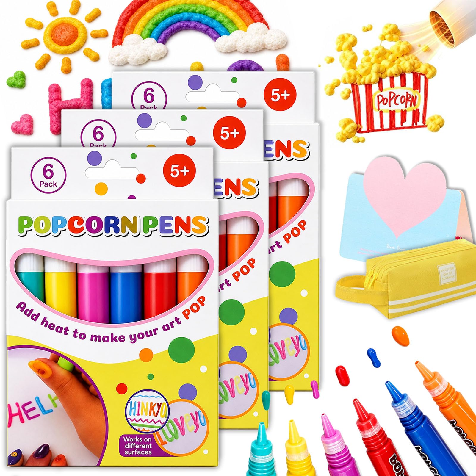 Popcorn Pens, 2027 New Popcorn Pens Puffy 3D Art, Heat Activated Magic Bubble Drawing Markers, Safety & Novelty, for Birthdays, DIY Projects, Classroom Activities and Handmade Gifts (3PCS)