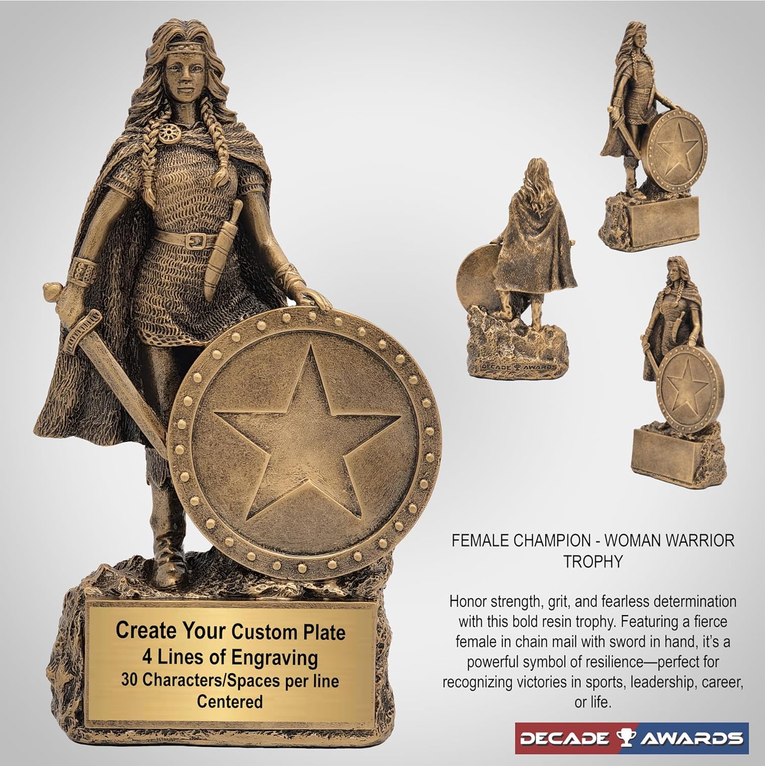 Decade Awards Female Champion Trophy - Custom Engraved Woman Warrior Award with Optional Inserts - Customize Now (6.75 Inch)
