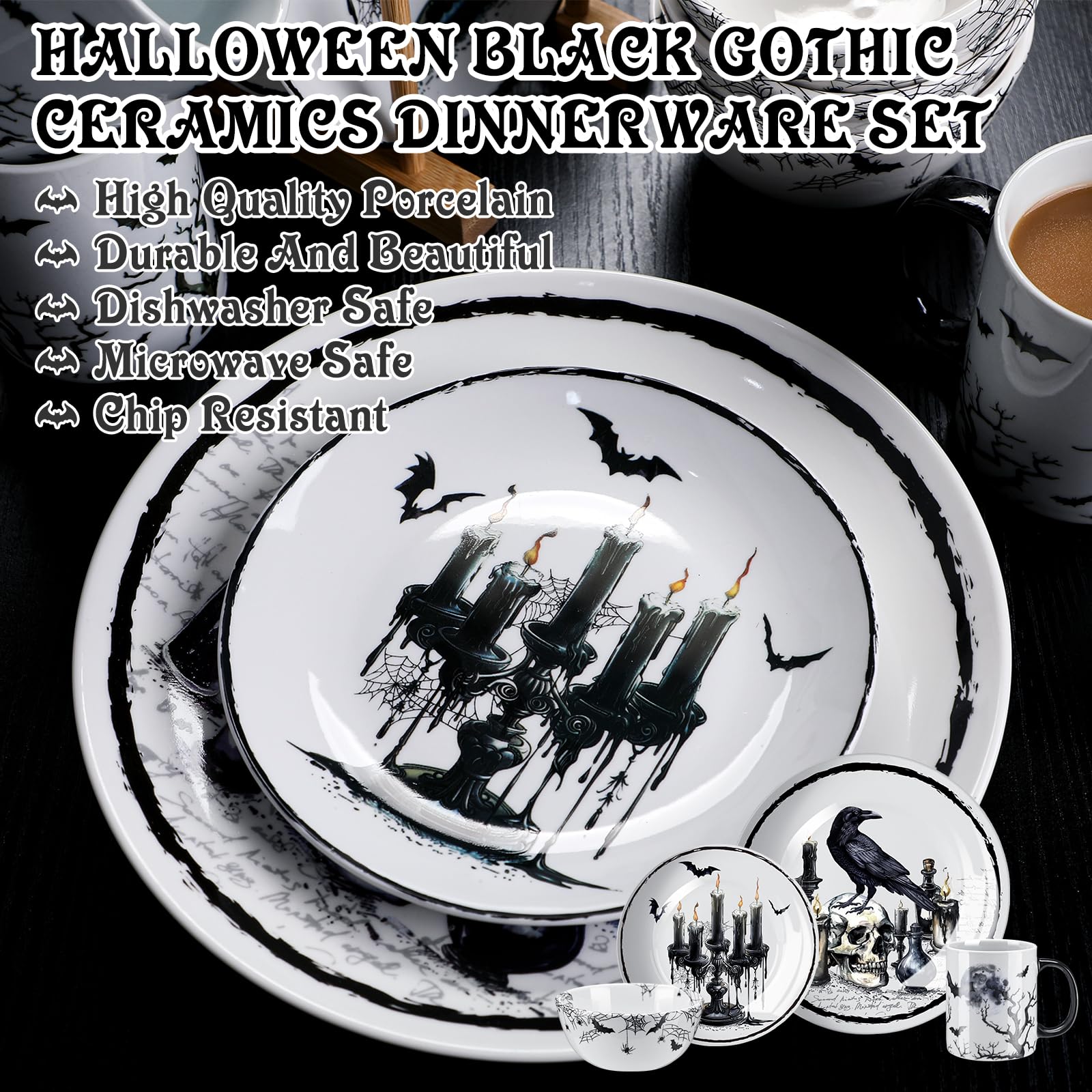 ハロウィン★食器set Amazon.com: Pickmesh 16 Pcs Halloween Gothic Ceramic Dinnerware