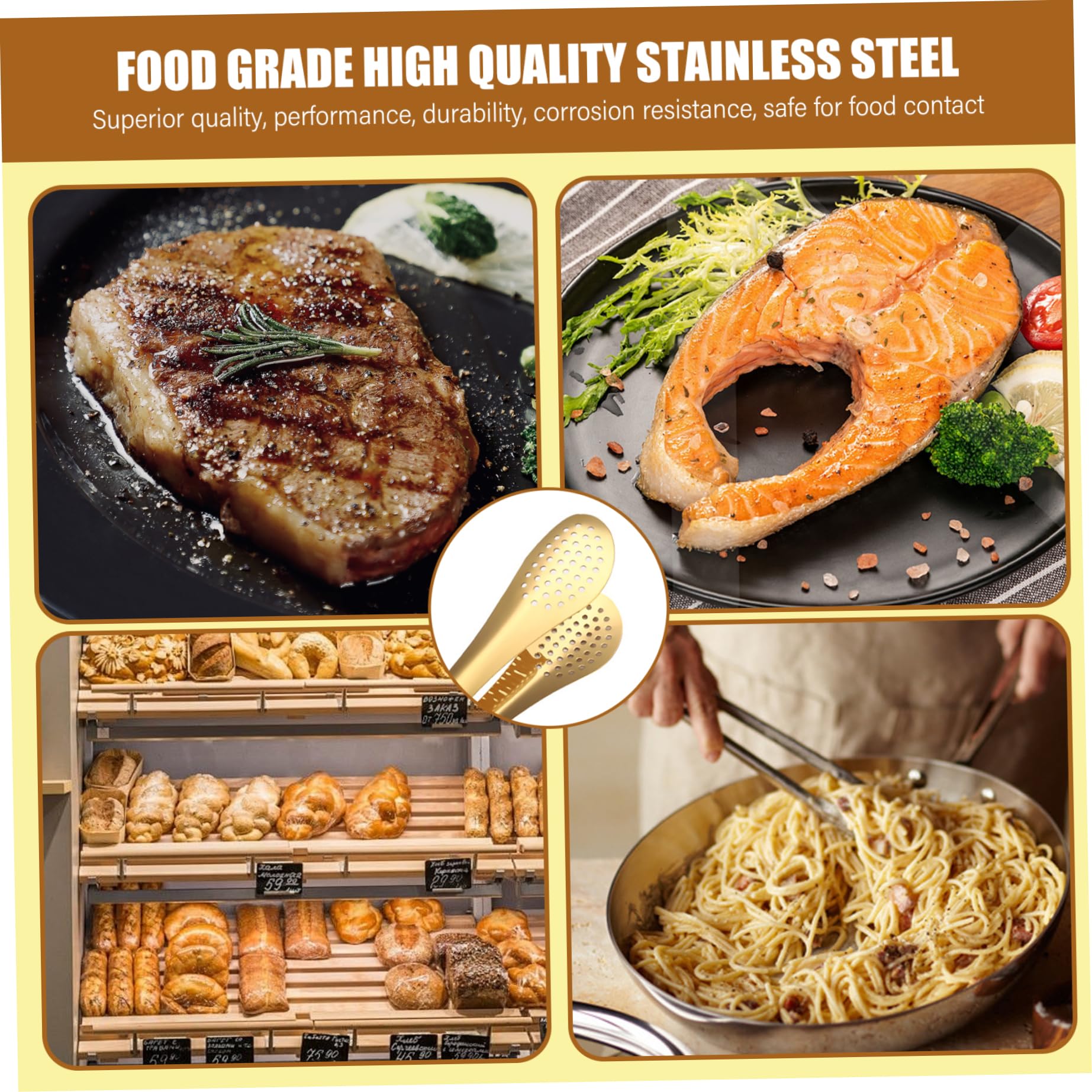 Pinzas para servir 4 pinzas de acero inoxidable dorado pulido resistentes al calor con agujeros para ensalada, pan, buffet, cocina, pan de acero inoxidable