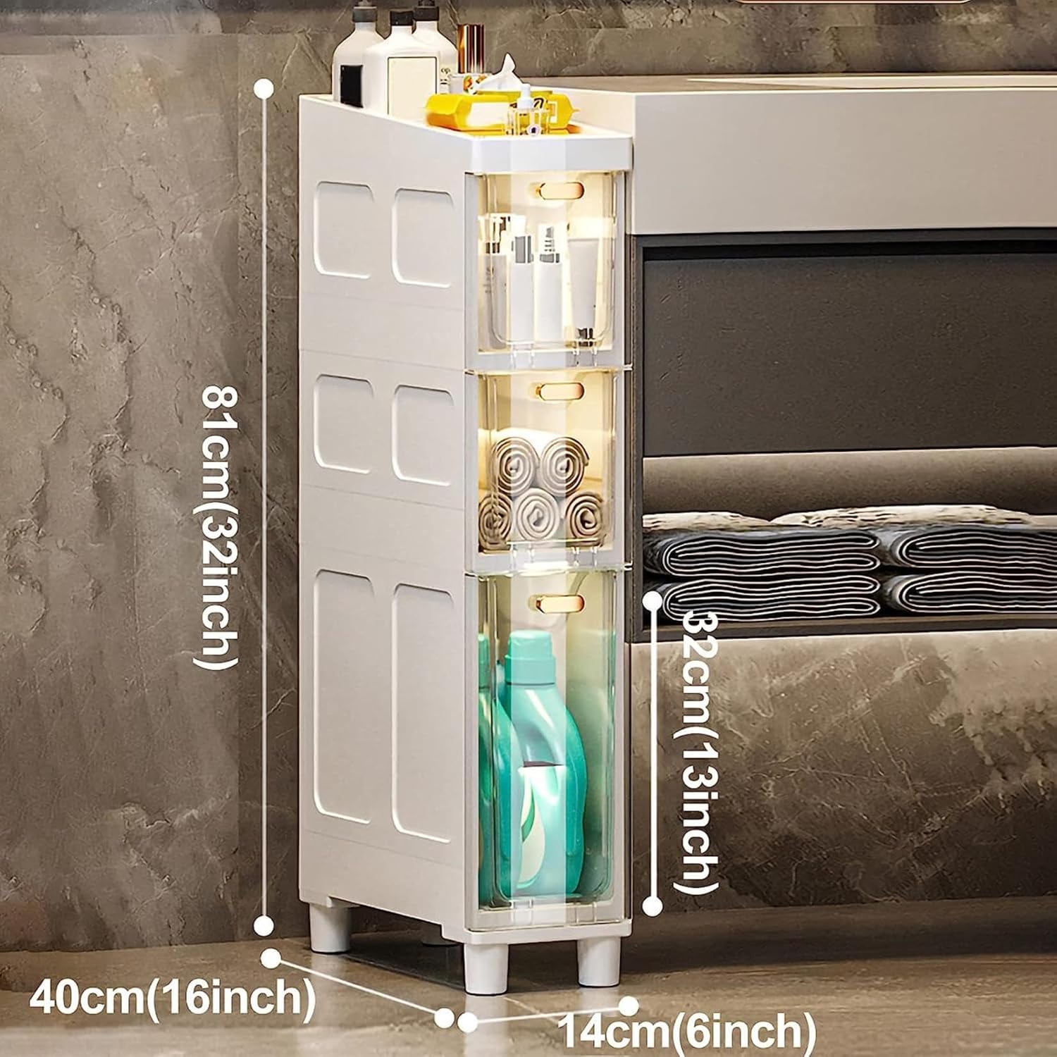 Narrow Tall Slim Floor Cabinet, 3/4/5 Tier Bathroom Floor Cabinet Side Organizer with Plastic Drawers and Casters Narrow Dresser Tower Sturdy Toilet Paper Storage Cabinet for Small Spaces and Gaps