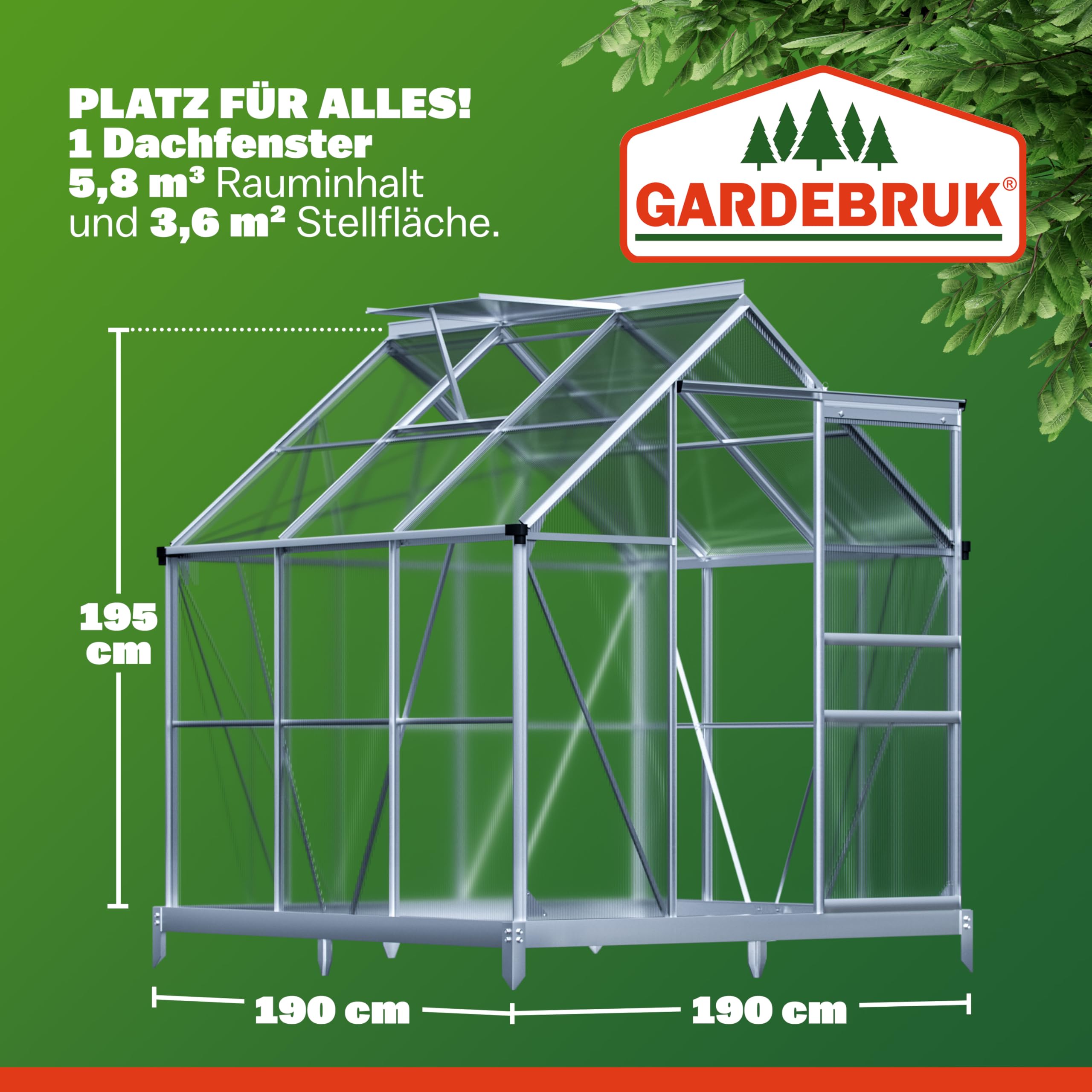 GARDEBRUK® Gewächshaus Aluminium 3,6m² mit Fundament 190x190cm inkl. Dachfenster Tomatenhaus Treibhaus Anzuchthaus Garten Frühbeet Aufzucht 5,8m³