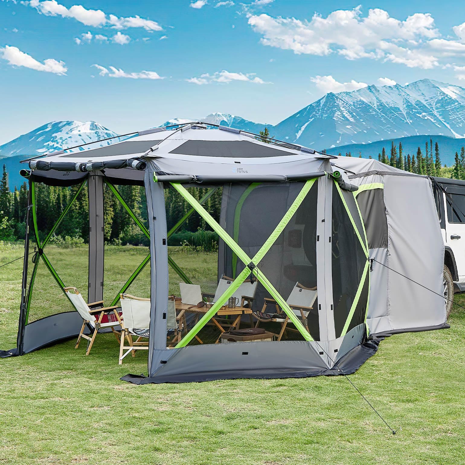 JOYTUTUS Dual-Use Pop up SUV Tent for Camping, 11x11 Ft Outdoor Gazebo Screen, SUV Tailgate Tent for Family Vehicle Camping, Canopy Shelter Portable Carry Bag