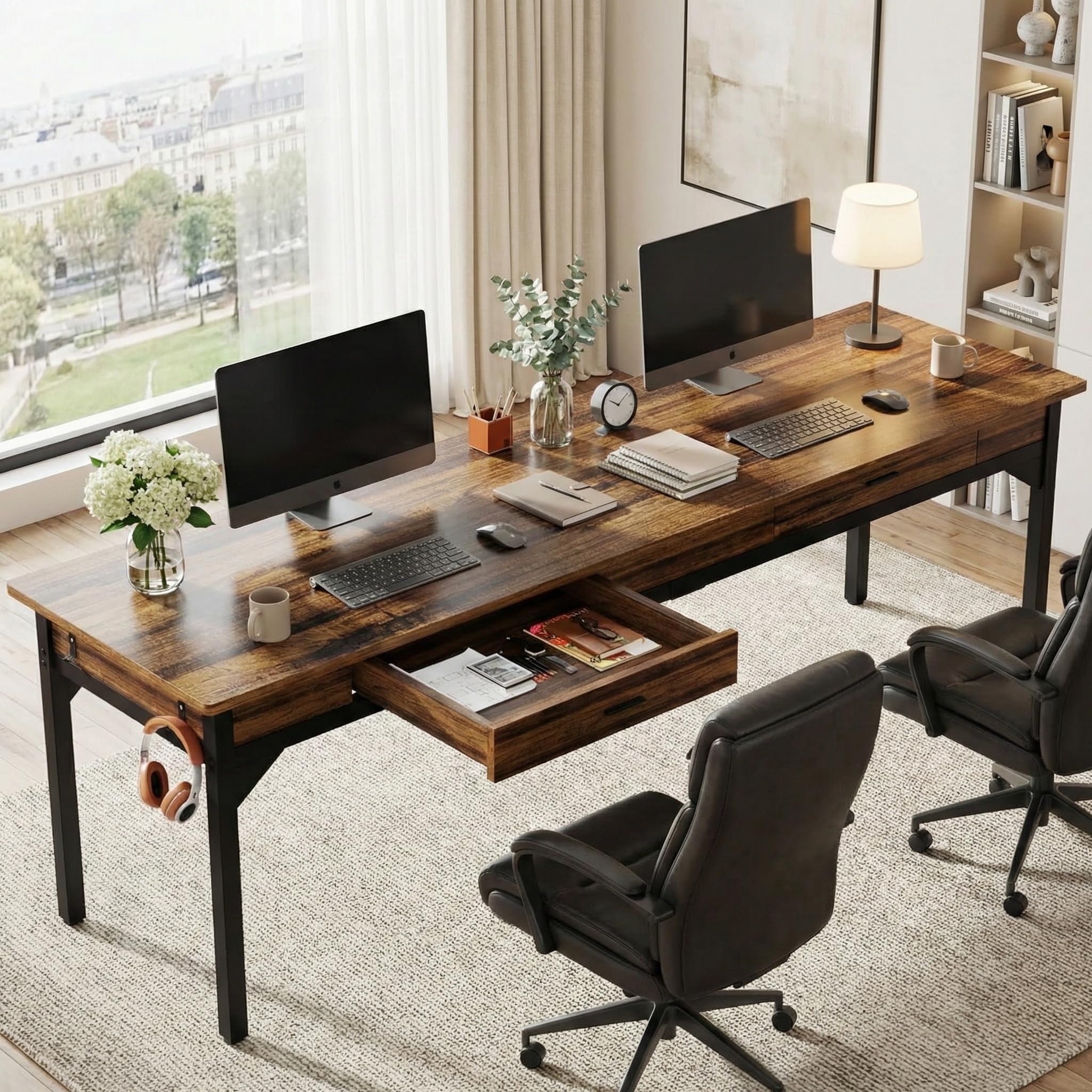 Lailang 200cm Escritorio de Computadora, Mesa Escritorio Grande, Mesa de Oficina despacho, Escritorio con Cajones, Mesa con cajones Madera, Escritorio 2 Metros, 200 x 60 x 82 cm, Marrón Rústico