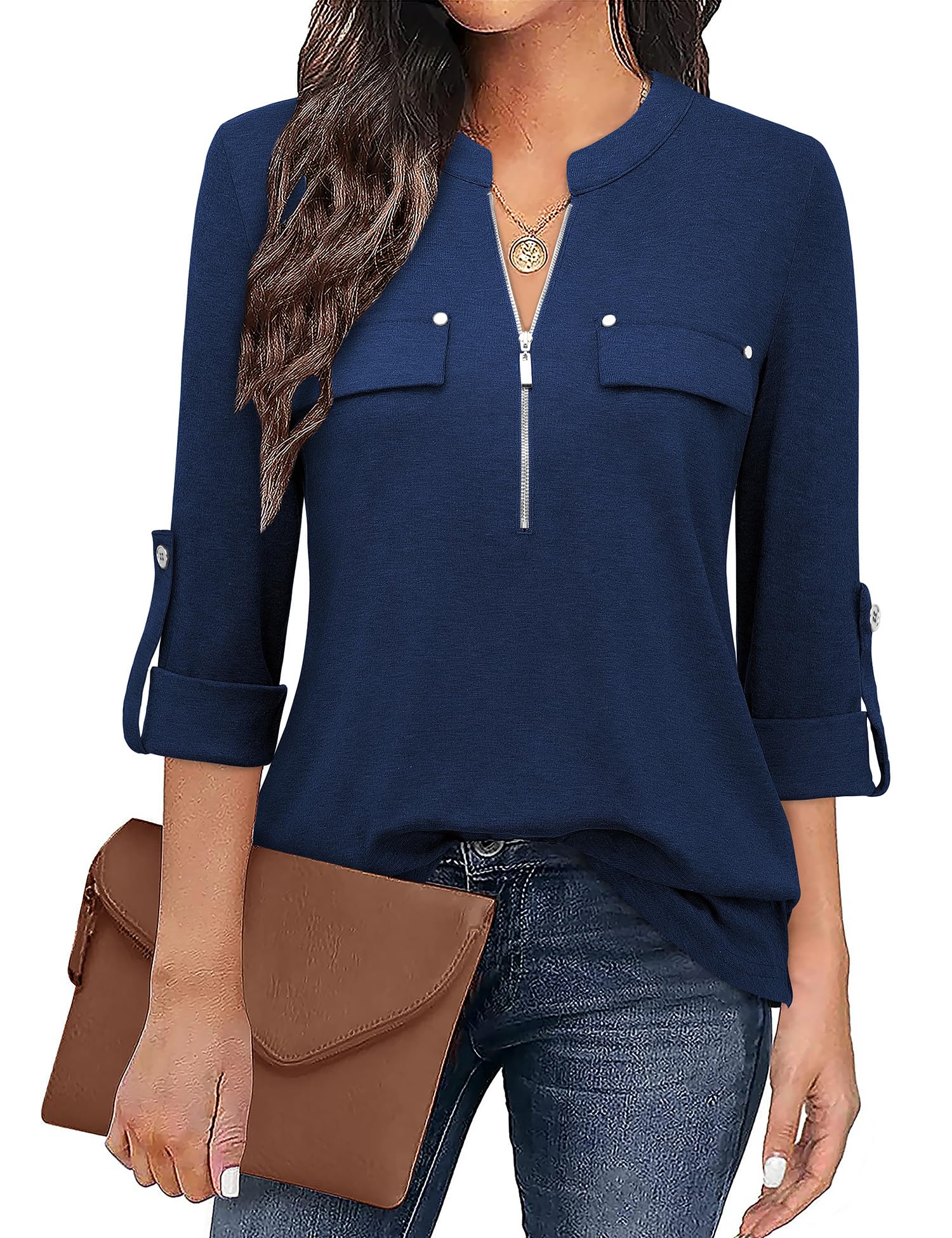 Siddhe Damen V-Ausschnitt Bluse 3/4 Ärmel Tunika mit Reißverschluss Elegant Longbluse Lange Shirt Casual Langarm Top Shirt Oberteil