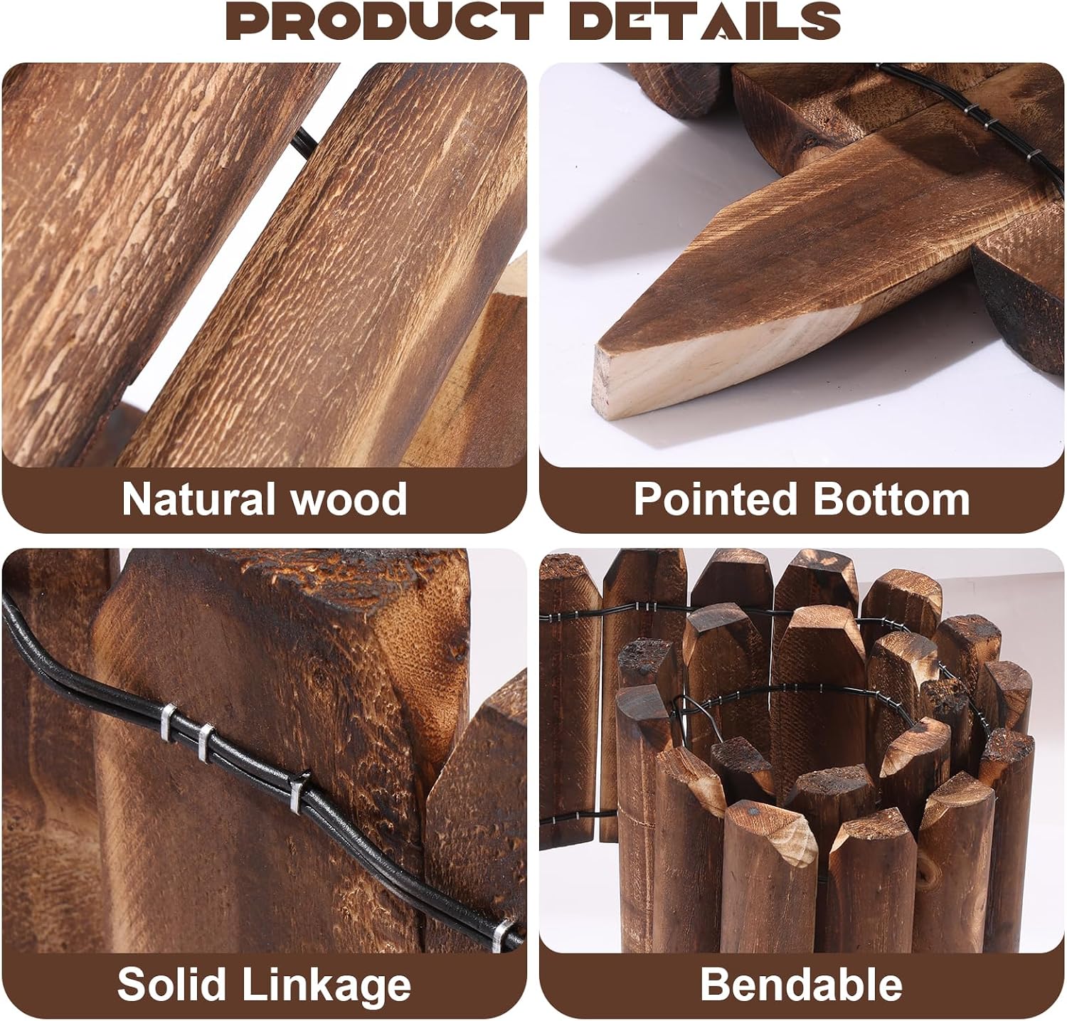 2 Pcs Wooden Garden Edging, Charcoal-Treated Wooden Fence Border Short Decorative Landscape Edging with Pointed Bottoms for Spring Outdoor Lawns Flower Beds Vegetable Garden Yard, 8 x 47 Inch