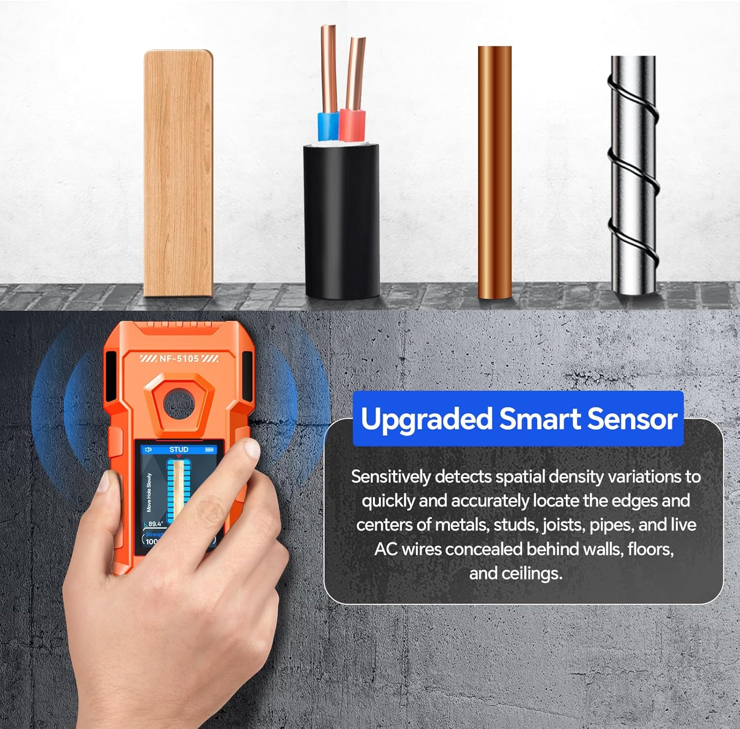 NOYAFA Stud Finder Wall Scanner - 6 in 1 Rechargeable Electronic Wall Detector with HD LCD Display and Audio Alarm,Positioning Hole for Accurate Positioning of Wood,Metal Studs, AC Wires,Joists,Pipes