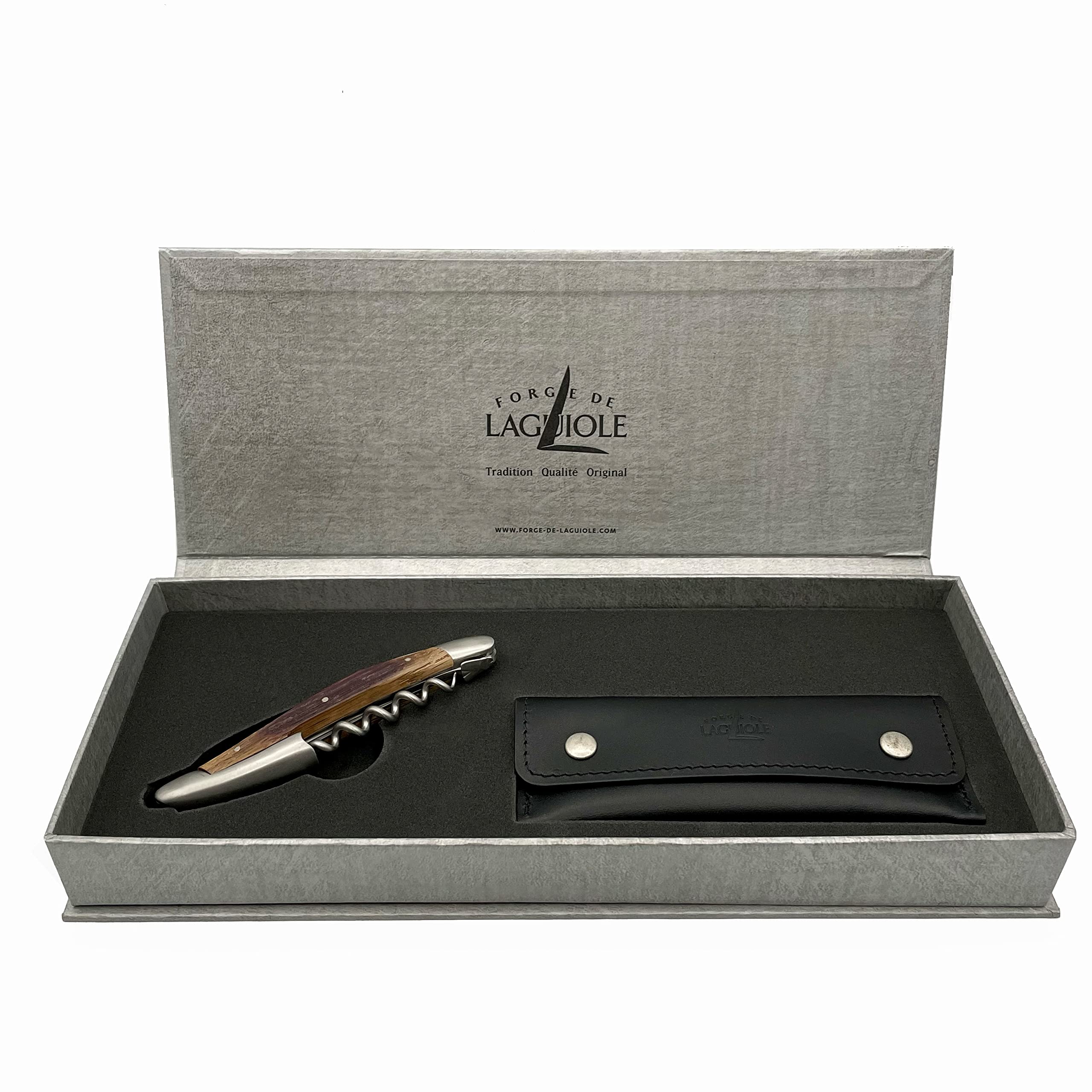 Forge de Laguiole Sommelier Fasseiche Matt, handgefertiges Kellnermesser weiches Lederetui + Poliertuch