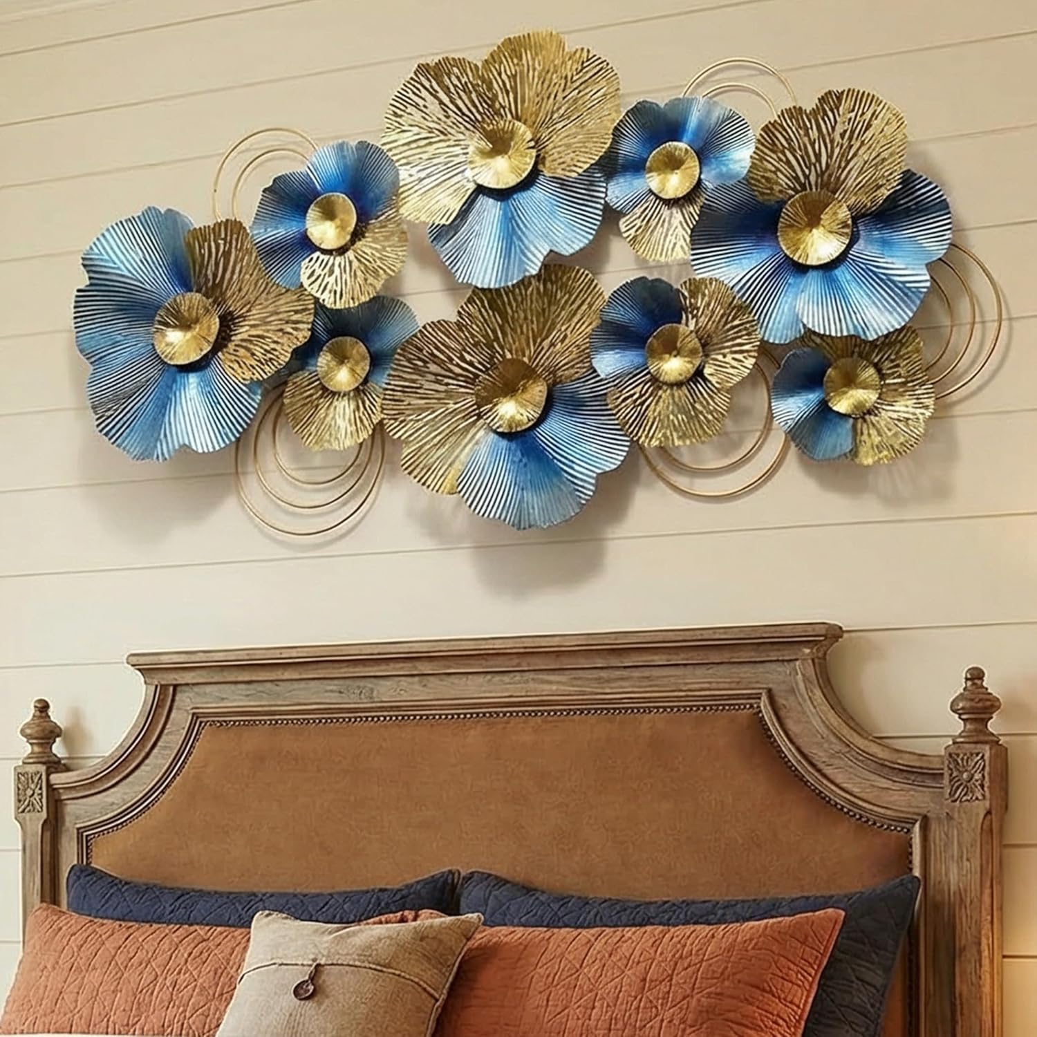 Soul Relaxation Extra Large 3D Lotus Metal Wall Art - Oversized Blue and Gold Flower Wall Sculpture for Living Room & Bedroom Decor