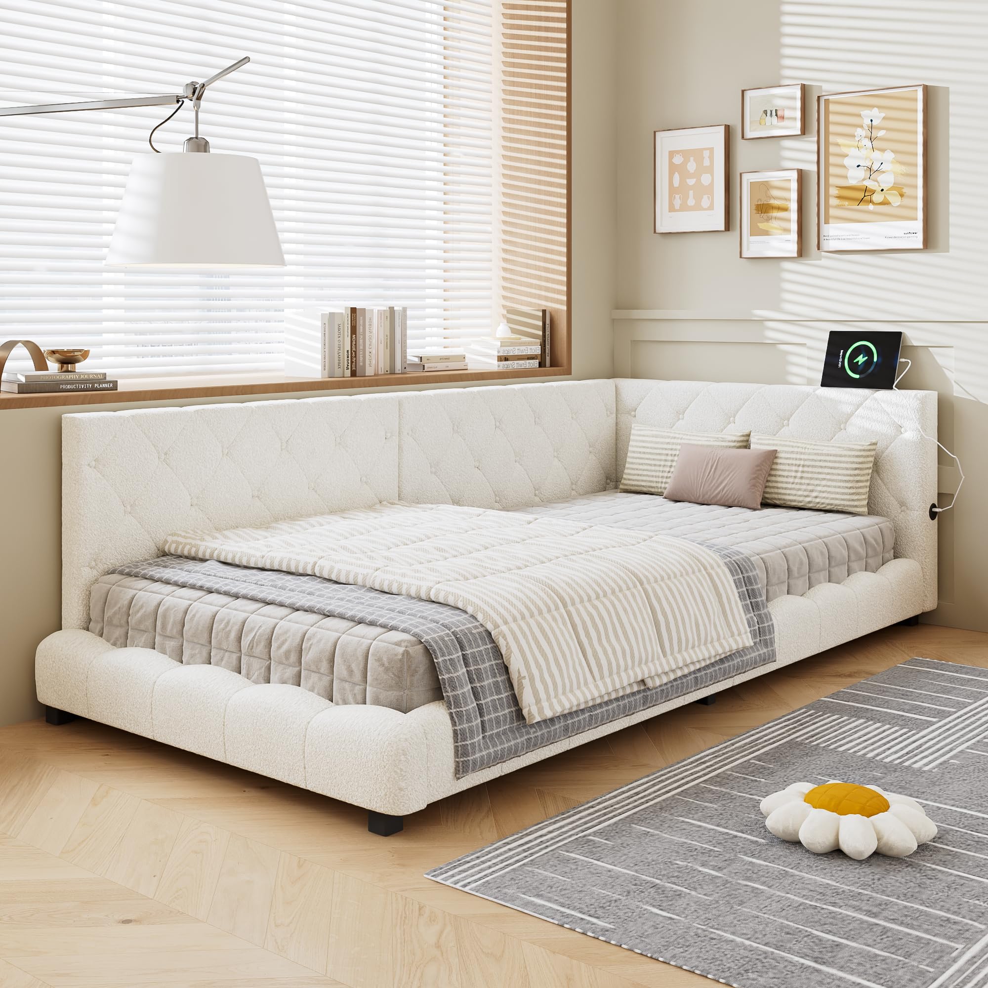 Upholstered Daybed with USB Charging Ports and Safety Guardrail, 3ft Single Functional Bed Frame with Wooden Slats, Boucle Sofa Bed Guest Beds for Adults Kids Teenagers, No Mattress, Beige, 90×190cm