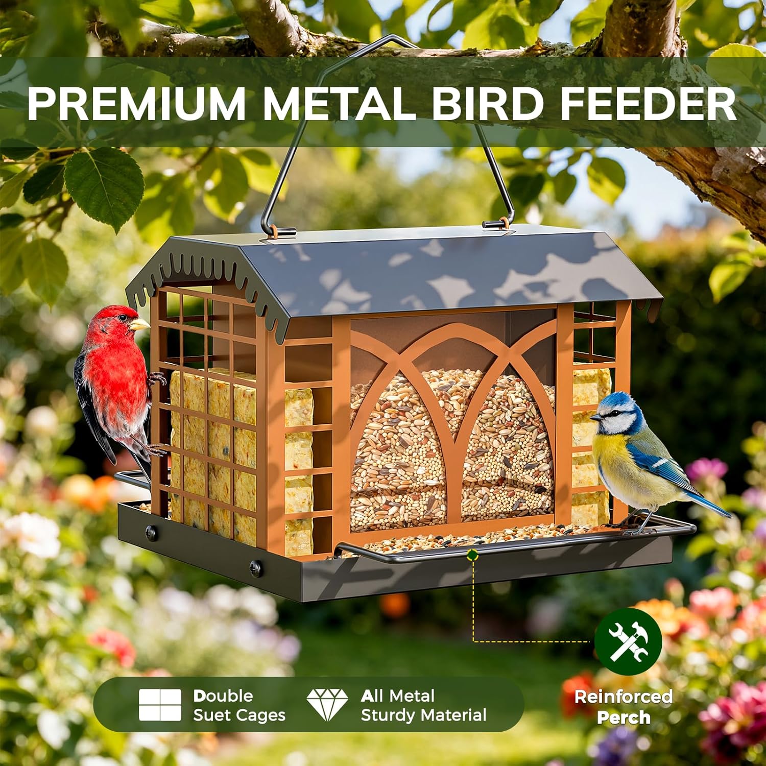 Bird Feeders for Outdoors Hanging, Metal Bird Feeder with Double Suet Cage Weatherproof Metal Roof, 3.5Lbs Large Capacity Great for Attracting Finch Cardinal Chickadee Wild Birds, Pinecone Brown - Image 7