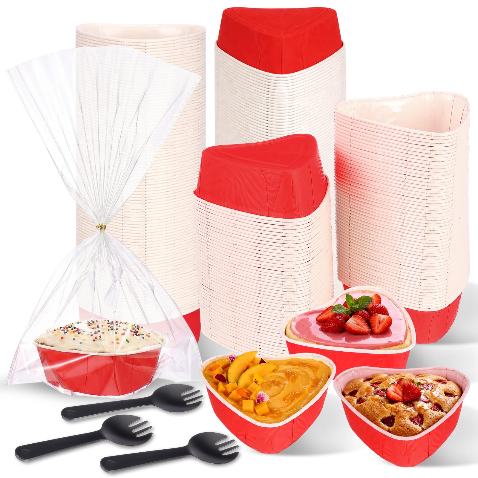 100 Sets Heart Cake Pan with Spoon Clear Plastic Bags and Ties, 3.4oz Disposable Paper Heart Shaped Mold, Red Cake Baking Tin Cups for Valentines Mother's Day Weddings Birthday Party Favor