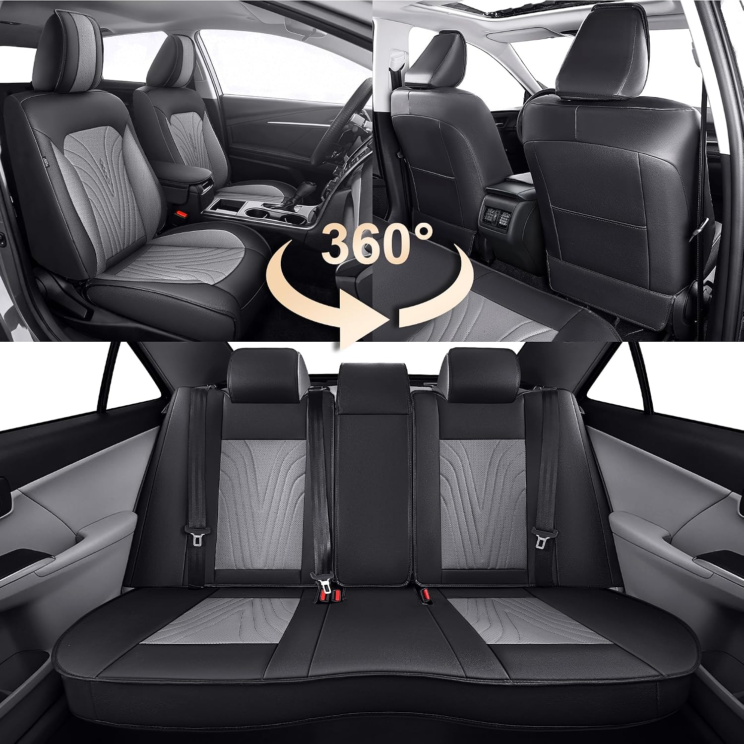 DISUTOGO Seat Covers Custom for Toyota Camry 2012-2017 SE,LE,XLE,L,XSE, Waterproof Leather Front&Rear Car Seat Protector,Easy to Clean&Compatible Airbags (5 Seats,Black&Grey)