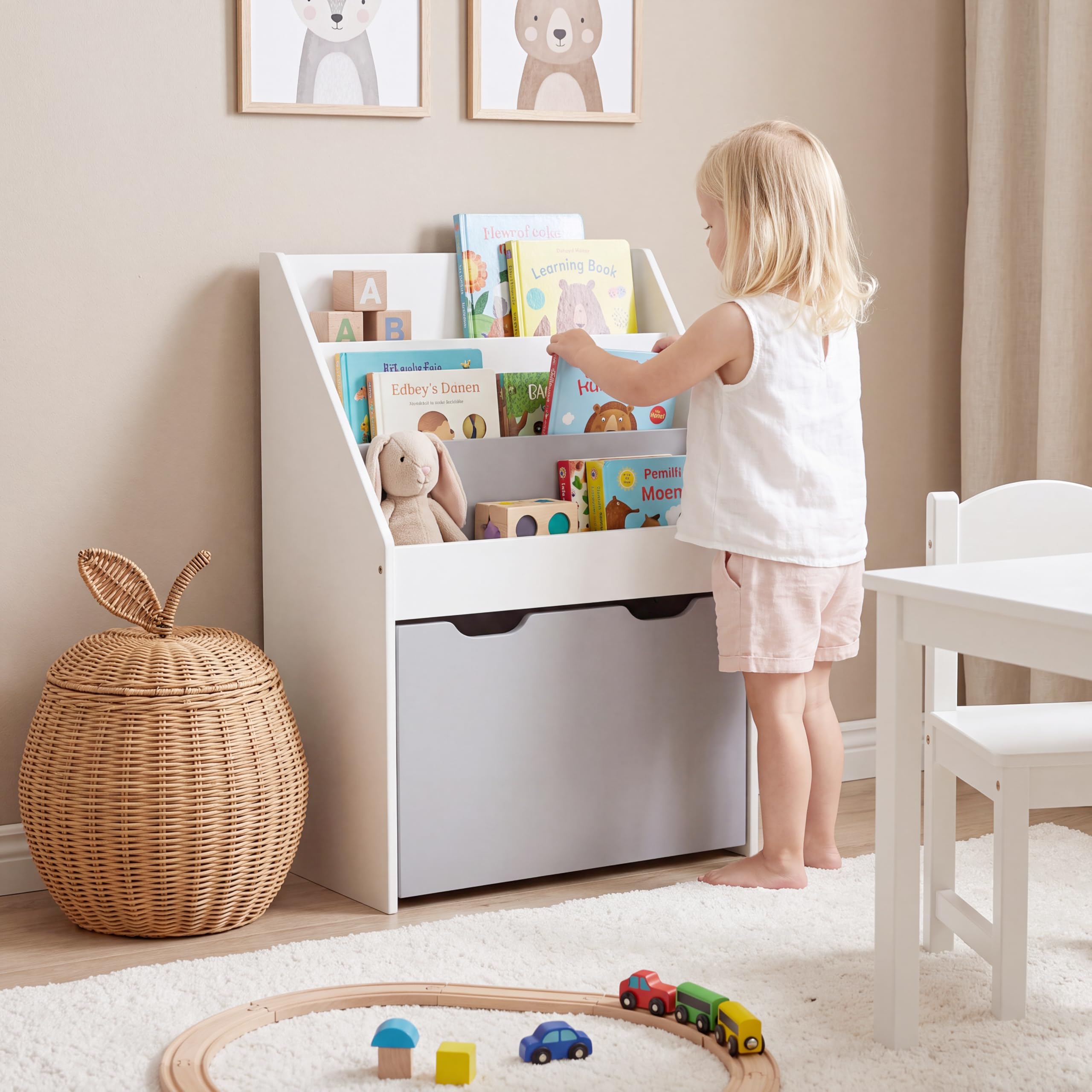 WOLTU Kinderregal Bücherregal Regal für Kinder, Spielzeugregal 3 Regale Aufbewahrungstruhe mit Räder, Baby Standregal aus Holz Mehrzweck Organizer für Kinderzimmer