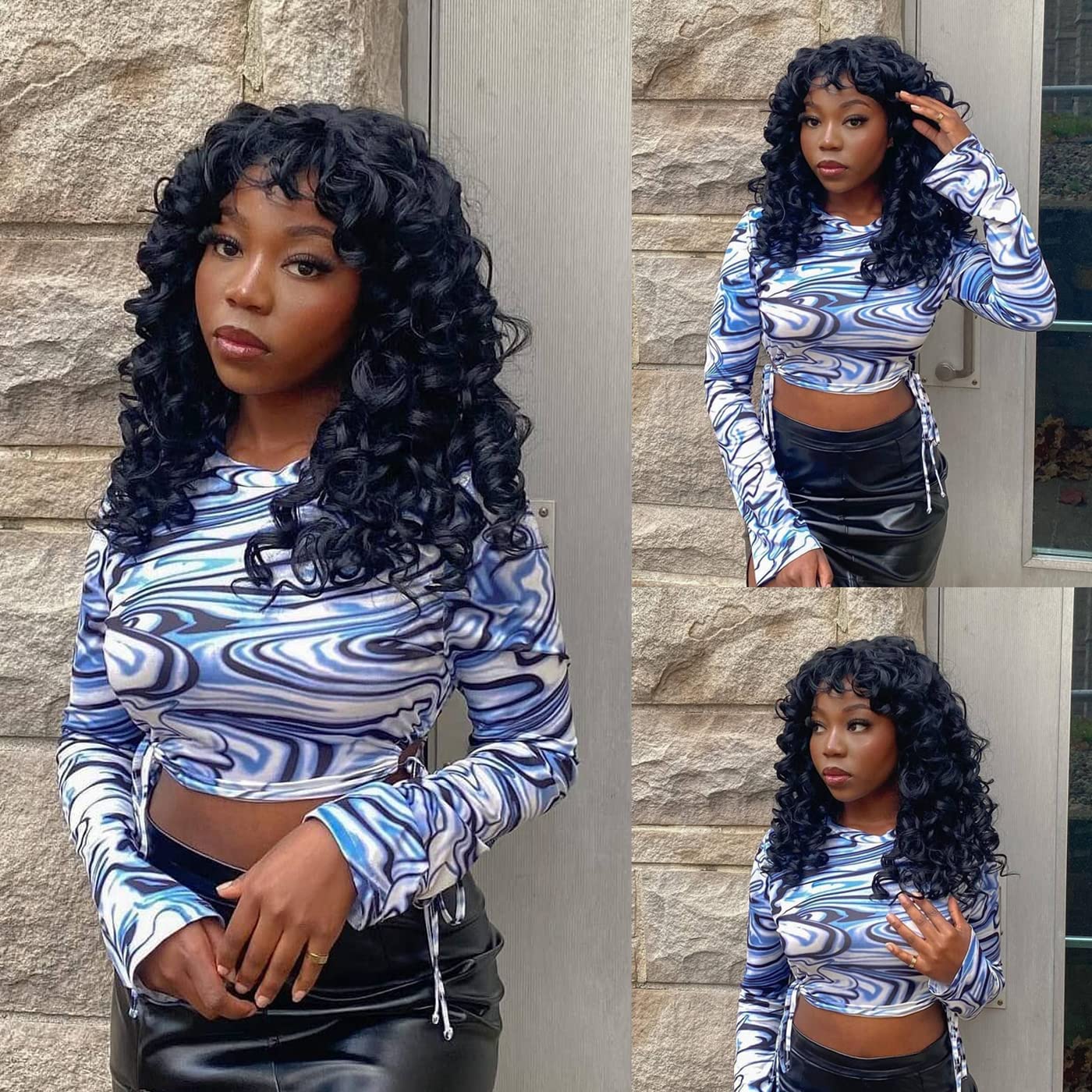 ISAMY Long Curly Wigs for Black Women Curly Afro Wig with Bangs for Women Big Bouncy Fluffy Synthetic Fiber Glueless Hair for Cosplay and Daily (Black) - Image 3