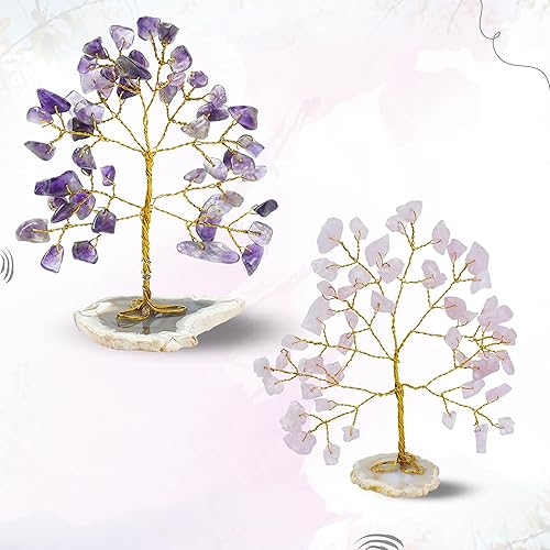 Árbol de la vida con piedras preciosas de amatista y cuarzo rosa, base de rodajas de ágata geoda, árbol de chakras de cristal para energía positiva,