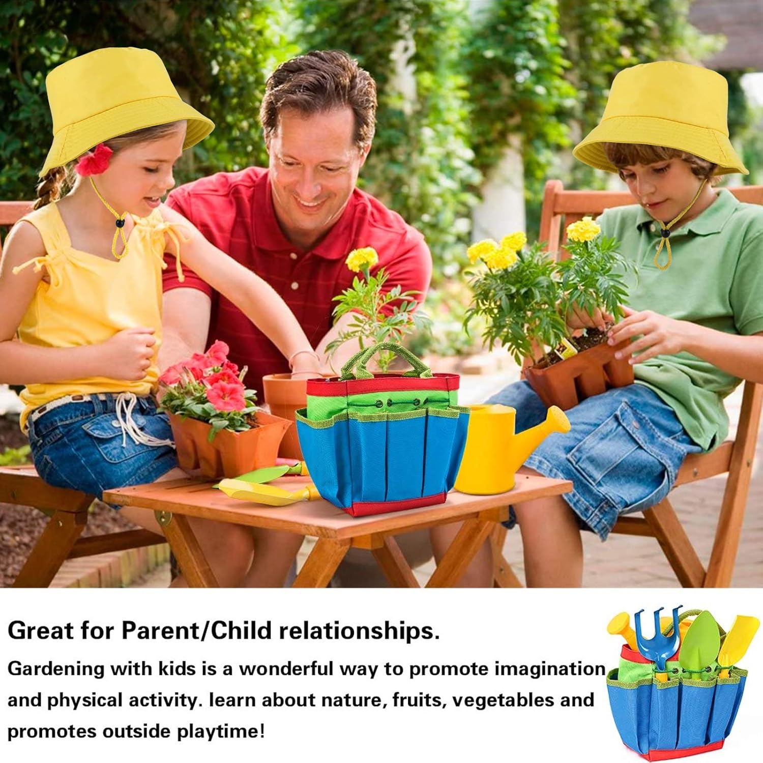 INNOCHEER Kids Gardening Tools, 9 Piece Garden Tool Set for Kids with Gardening Guide Book, Watering Can, Gloves, Shovel, Rake, Trowel, Kids Smock and Hat, All in One Gardening Tote : Toys & Games