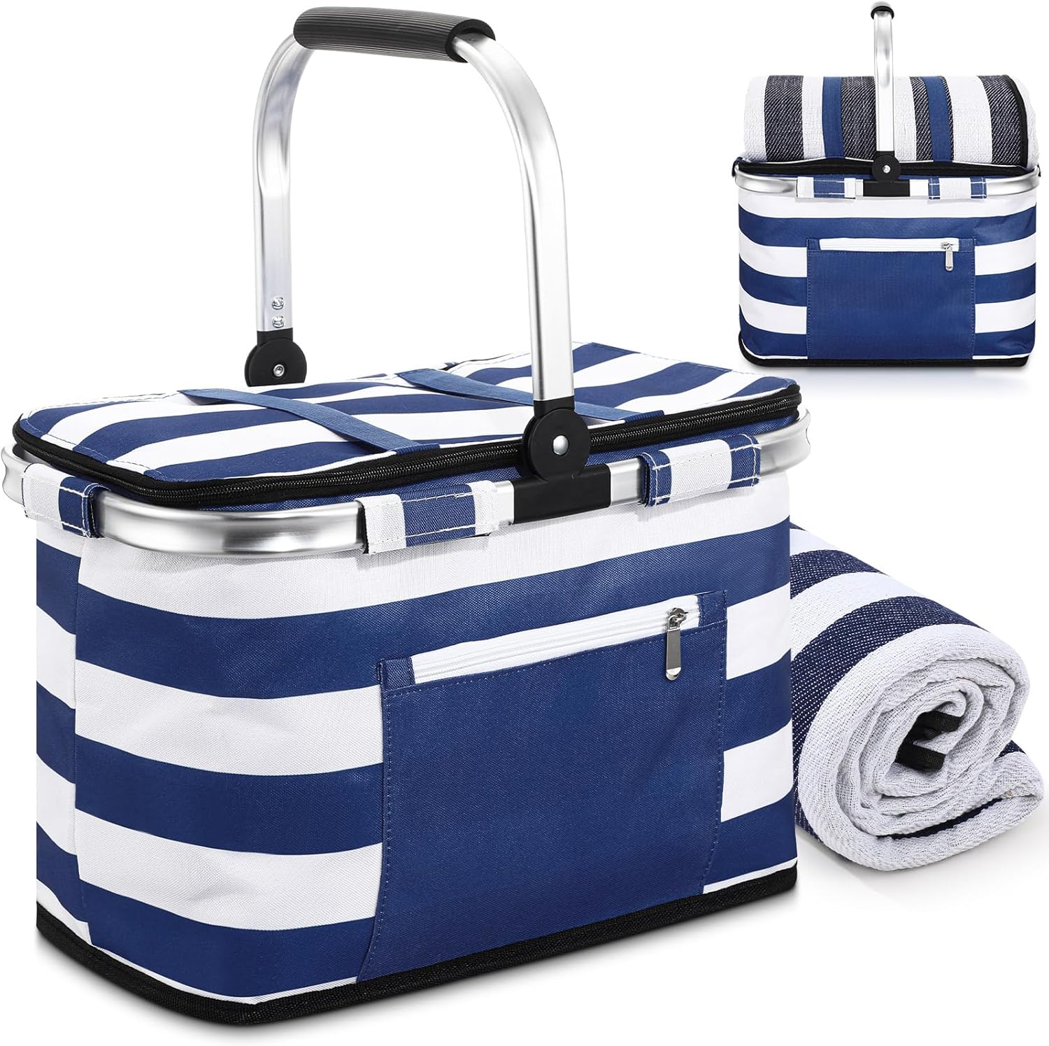 Teenyyou 35L Large Insulated Picnic Basket with Blankets Kit Shopping Basket Cooler Bag Leakproof Collapsible Portable Suitable for Picnic Camping Work Hiking Food Delivery Gifts(Blue Stripes)