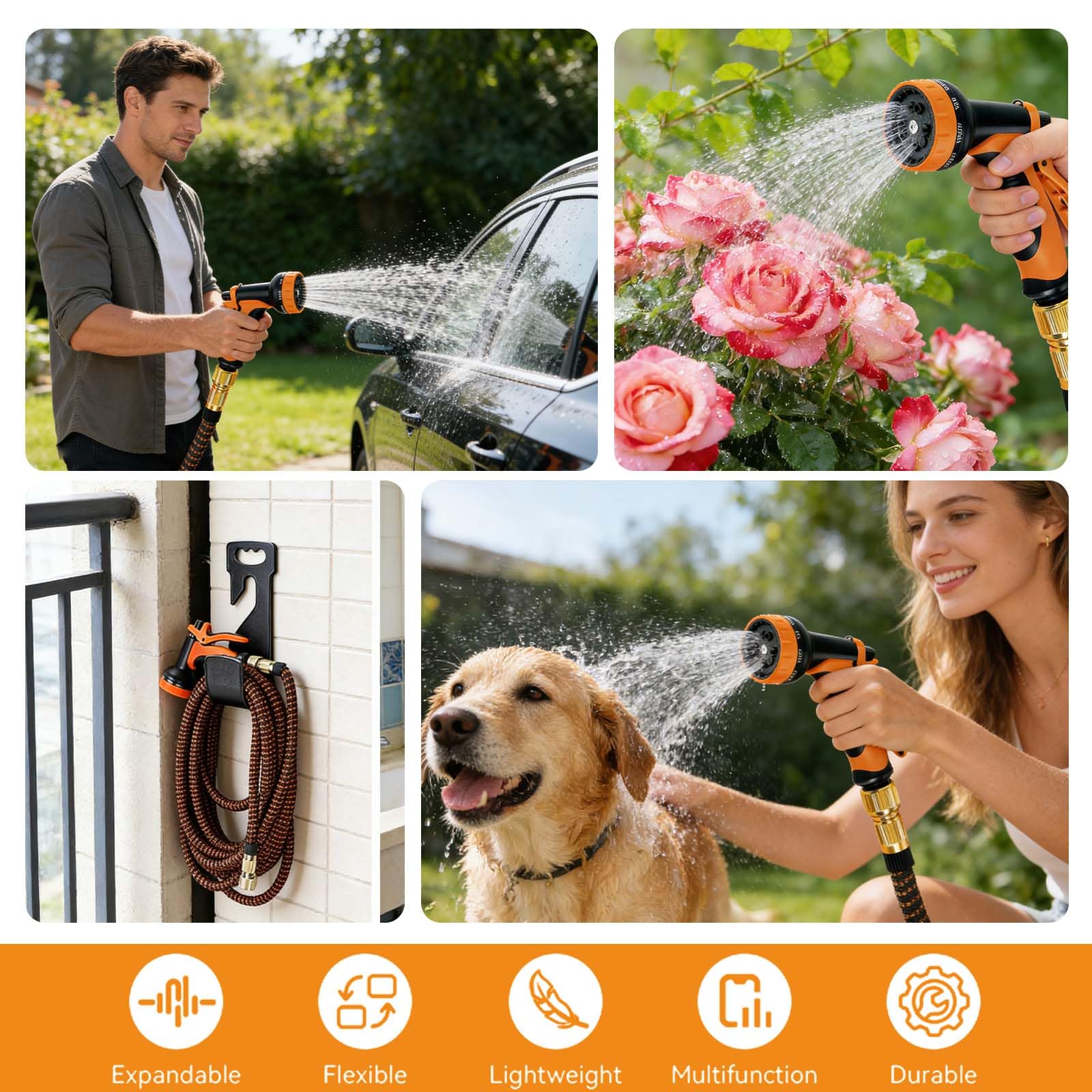 Tubo da Giardino Estensibile 30M – Raccordi Universali 1/2" e 3/4" Anti-Perdita, Tubo Acqua Flessibile, Pistola 10 Funzioni per Auto e Giardinaggio (Arancione)