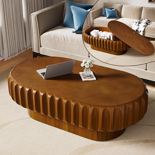 Oval Coffee Table with Storage, 43.3 Inch Modern Fluted Coffee Table with Removable Lid for Living Room, Wood Drum Center Table for Apartment Small