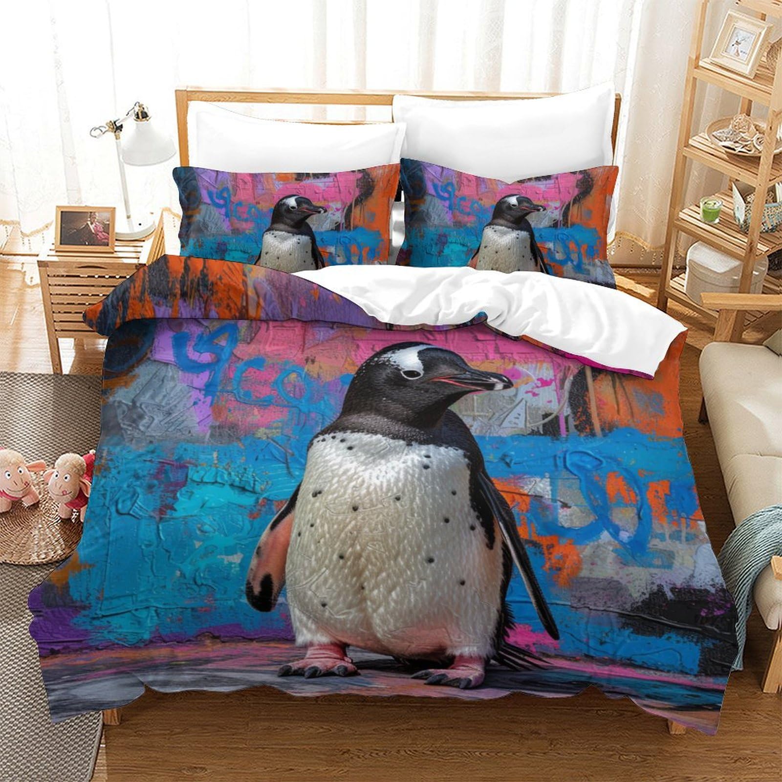 Parure de lit pingouin 3D en microfibre anti-plis avec fermeture éclair pour lit double