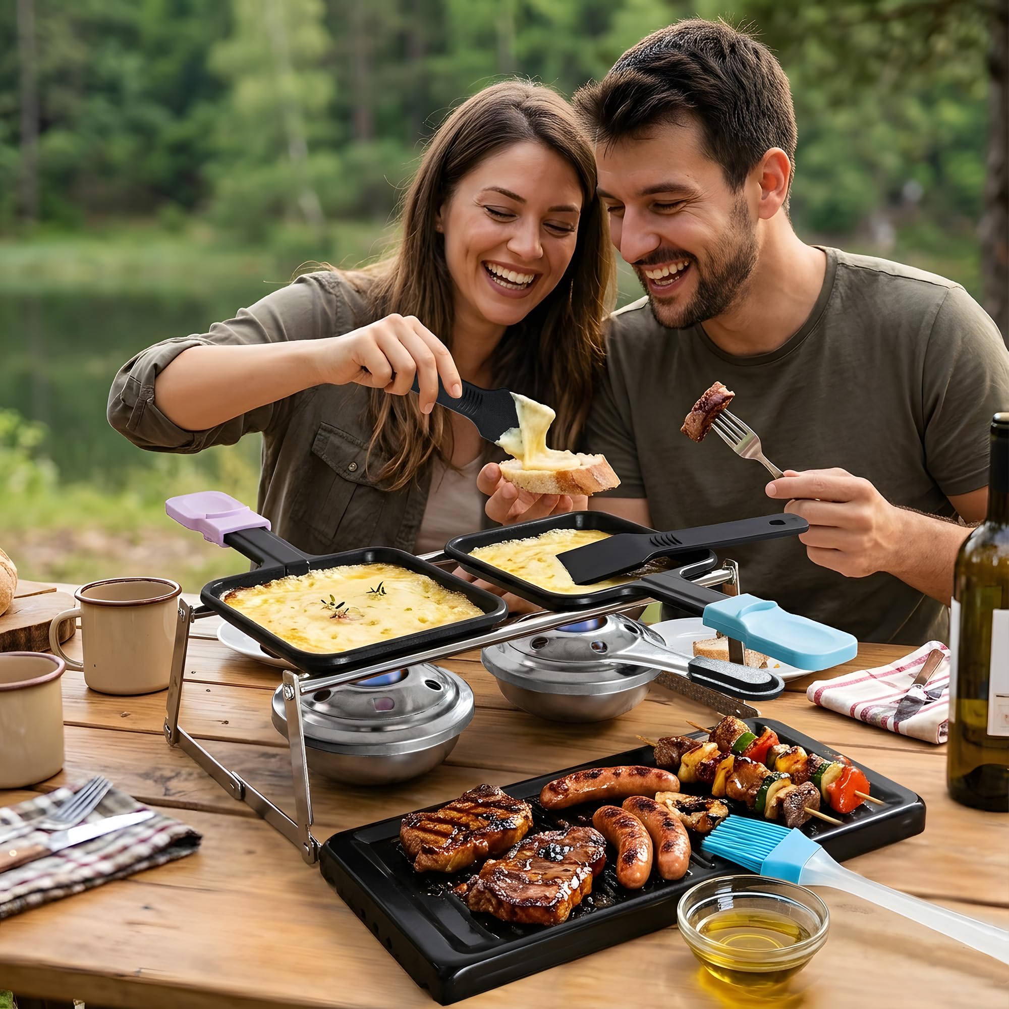 Mini Grill Raclette dla 2 Osób, Nieprzywierający Topielnik Sera z Płytą Grillową, 2 Palniki na Paliwo, 2 Szpatułki, Składany Metalowy Stojak na Camping