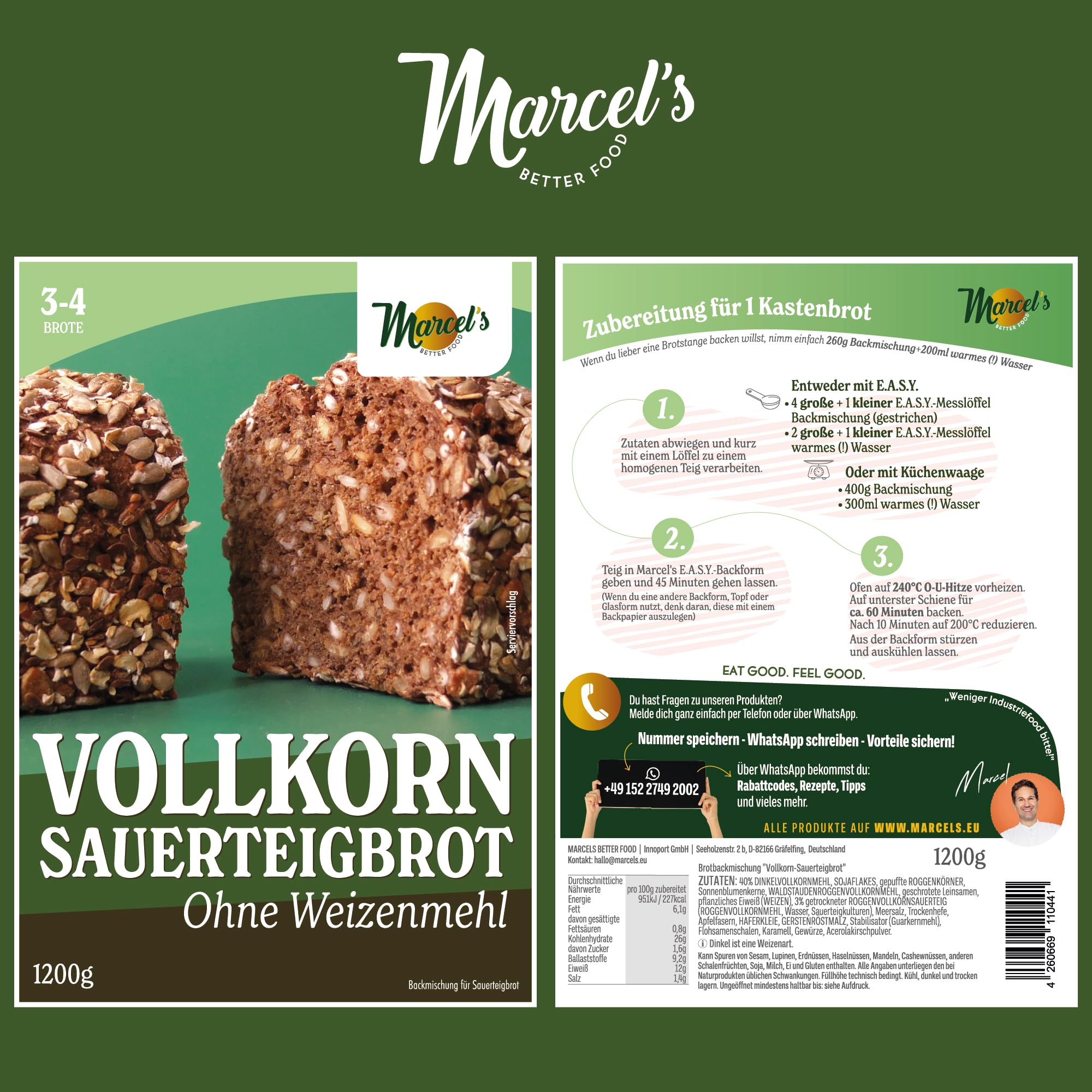 Marcel's Vollkorn Sauerteigbrot ohne Weizenmehl (1200g für 3-4 Brote)| Brotbackmischung mit Sauerteig & Roggenmehl | Sättigend & leicht verdaulich | In 1 Minute zubereitet