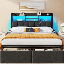 Furnulem Queen Size Bed Frame with Headboard, Drawers, Charging Station | 1200 lbs Capacity, Led lights, Upholstered Headboard, No Box Spring Needed, Noise Free, Black, Metal Bed Frame