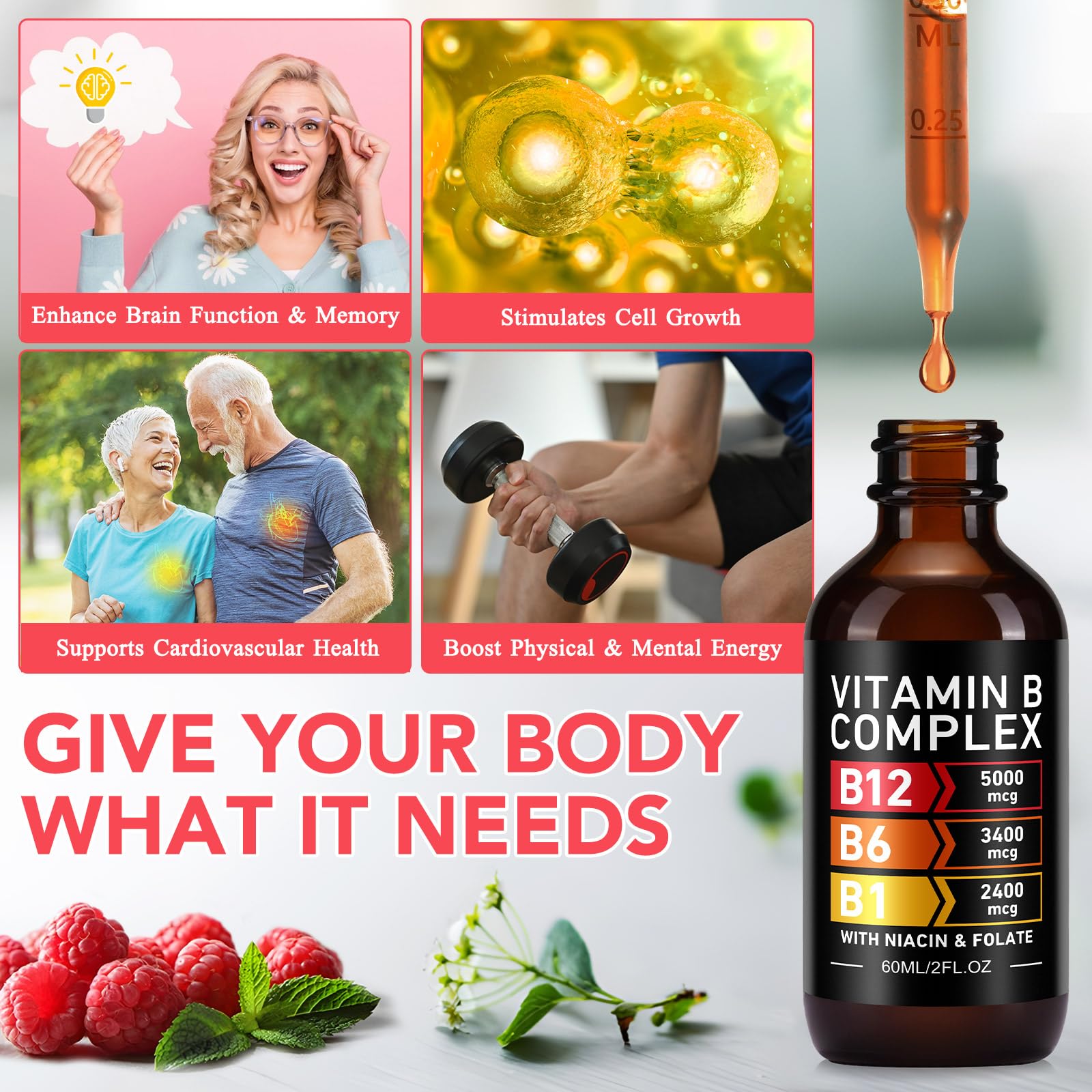Vitamin B Complex Drops for Men & Women | Vitamin B12 Methylcobalamin, B6, B1, B9 for Metabolic Health Support | Immune Support, Gluten Free - 2 Month Supply 60ML — Amazon image 7
